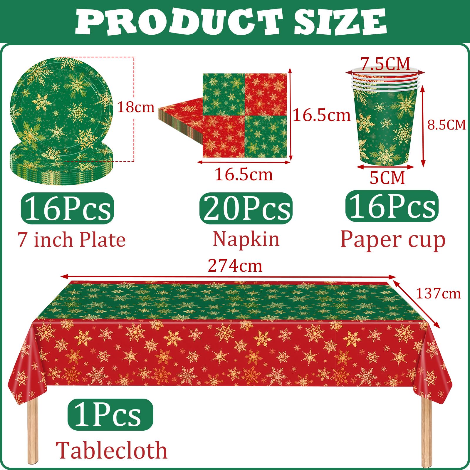 53Pcs Christmas Party Tableware Set for Table Decor,Red Green Christmas Snow 137x274cm Large Plastic Tablecloth Red Xmas Party Paper Plates Cups Napkins Dinnerware Set for Xmas Favor Tableware - Image 2
