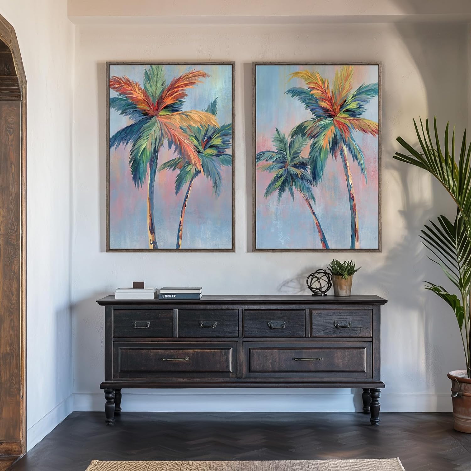 framed colorful coastal wall art for living room decor, large tropical beach palm tree canvas artwork for walls, 2 piece pop paintings prints for hallway bedroom office salon wall decor, 24x36 inch 24" w x 36" h x 2pcs 2 piece-coastal palm tree