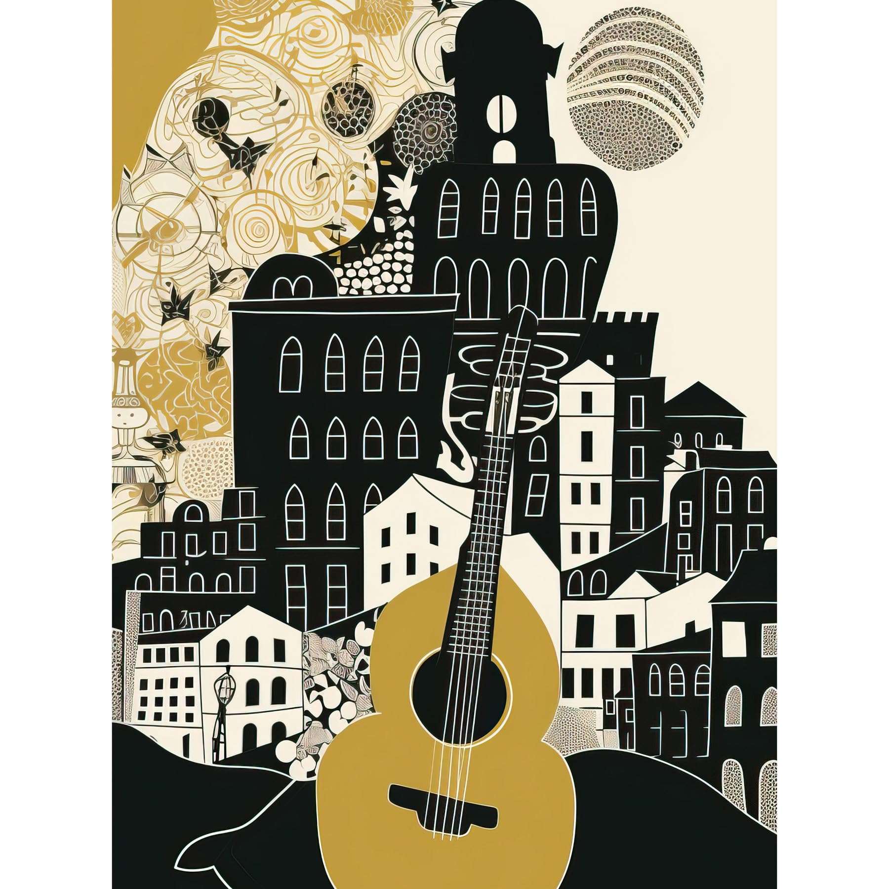 Artery8 Edinburgh Cityscape Fringe Festival Guitar Linocut Unframed Art Print Poster Wall Decor 12x16 inch
