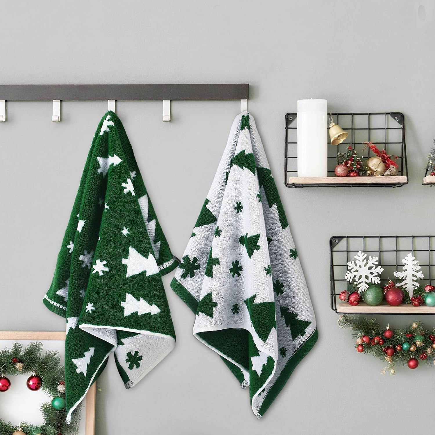 Tudomro 2 Pcs Christmas Hand Towels Christmas Green Tree Bathroom Winter Decorative Towels 100% Cotton Thick Jacquard Weave Bath Decor Holiday Bathroom Decor for Kitchen Xmas Gifts - Image 5