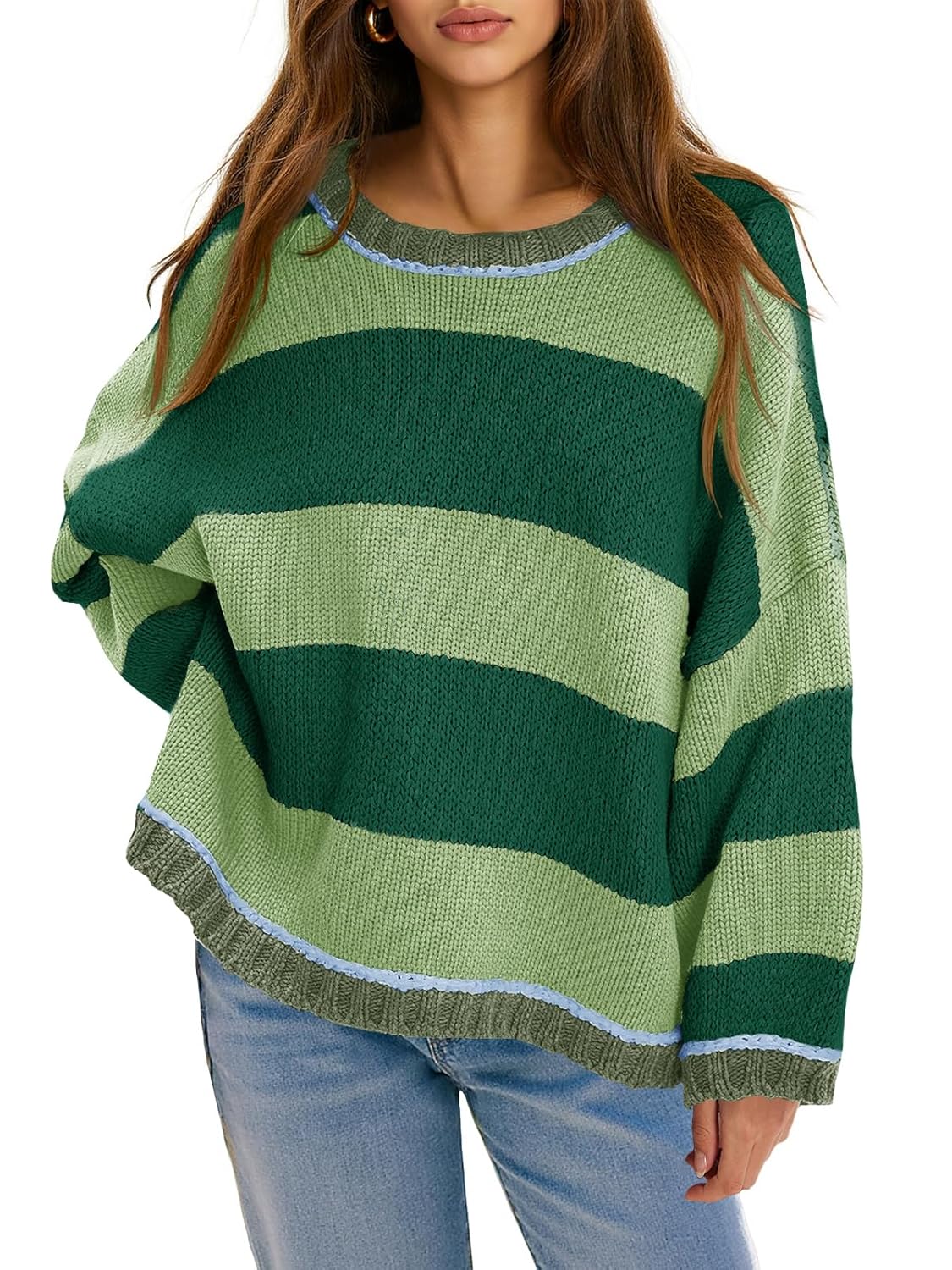 Fisoew Womens Oversized Sweaters Casual Long Sleeve Striped Color Block Crewneck Knitted Loose Fall Pullover Tops