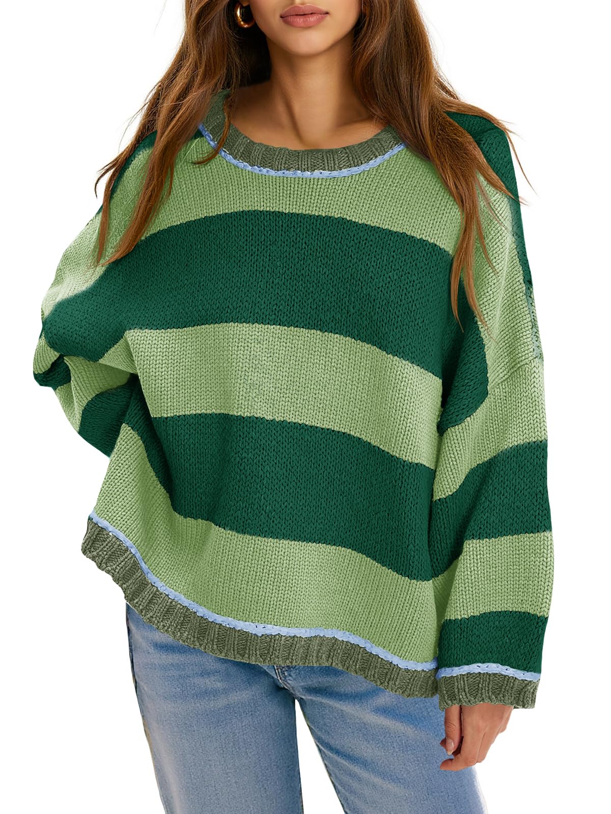 Fisoew Womens Oversized Sweaters Casual Long Sleeve Striped Color Block Crewneck Knitted Loose Fall Pullover Tops
