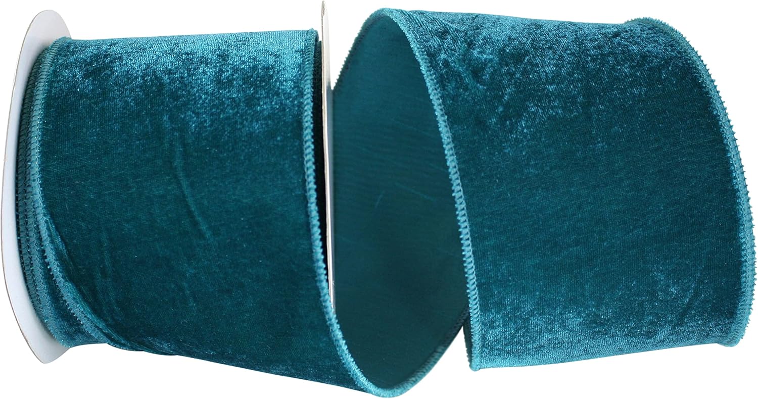 Reliant Ribbon 93347W-916-10F Plush Velvet With Dupioni Backing Wired Edge Ribbon, 4 Inch X 10 Yards, Teal