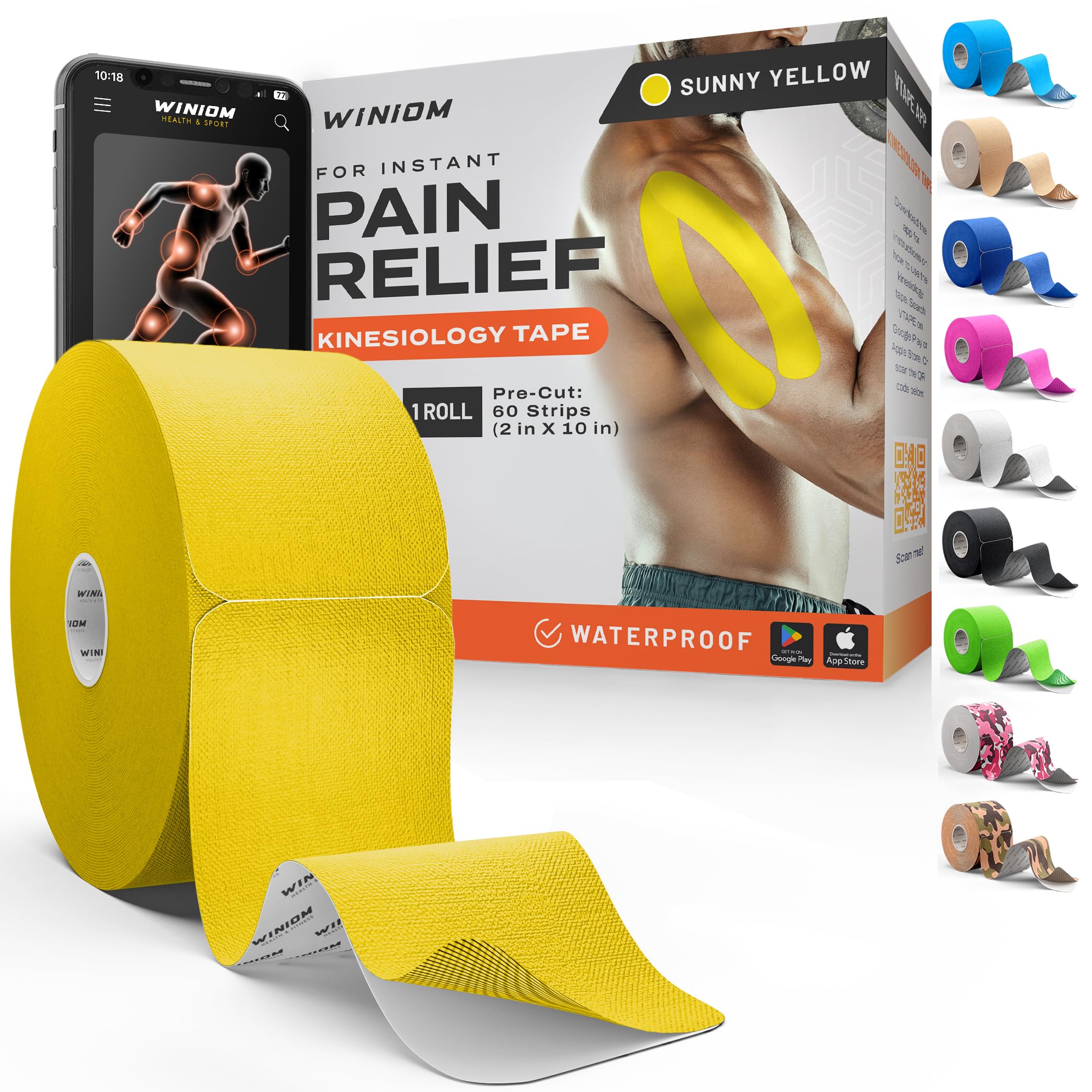 Kinesiology Tape - Waterproof Athletic Sports Tape for Knee, Shoulder, Arm &amp; Back Support | 3-5 Day Adhesion, Hypoallergenic &amp; Latex-Free + Taping Guide (Precut, 2"x50ft Roll, Sunny Yellow)
