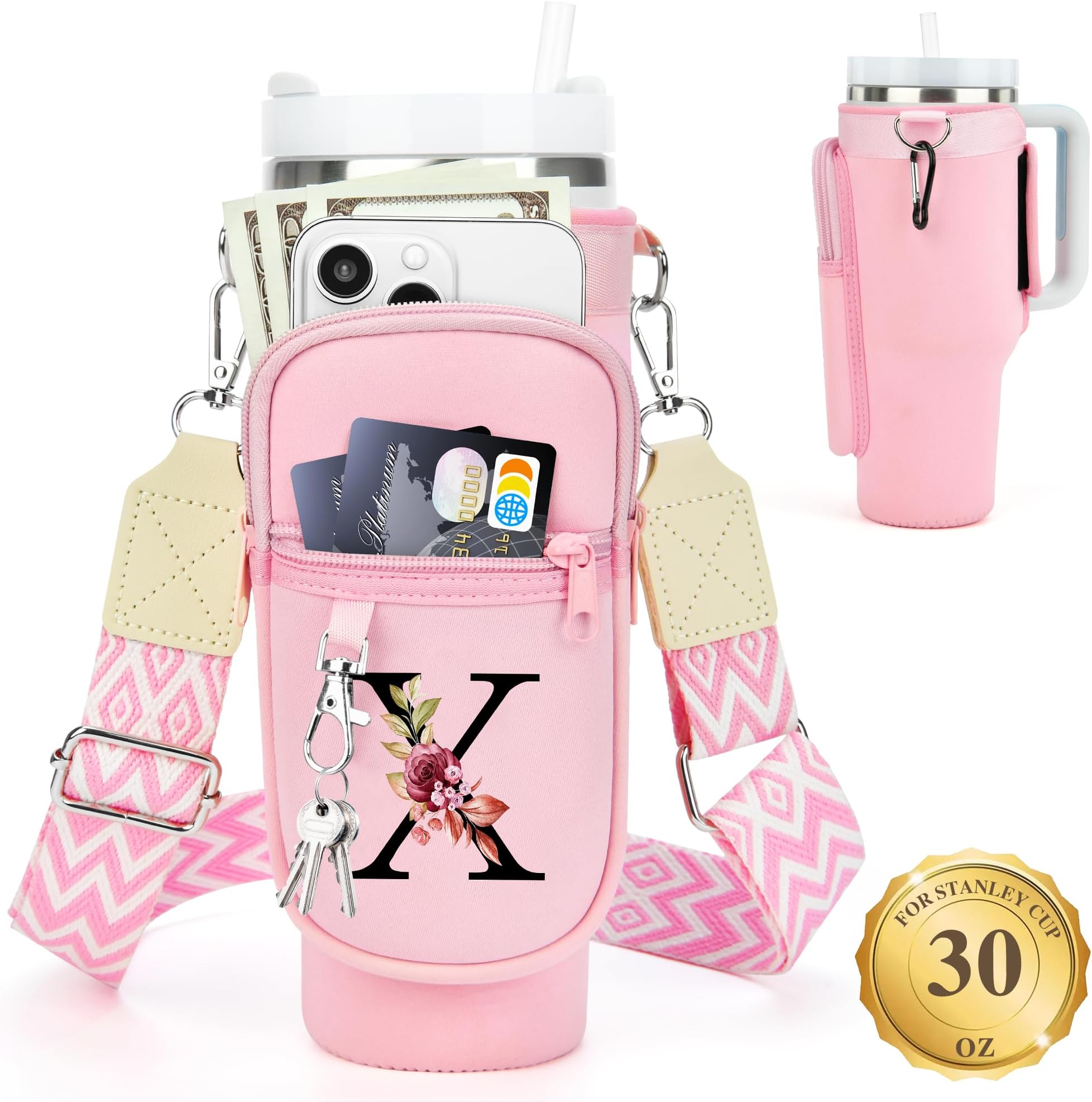LOKASS Water Bottle Holder with Strap for Stanley Cup 30 oz Tumbler with Handle, Personalized Initial Stanley Cup Accessories, Christmas Gifts Water Bottle Carrier Bag for Women Men girls