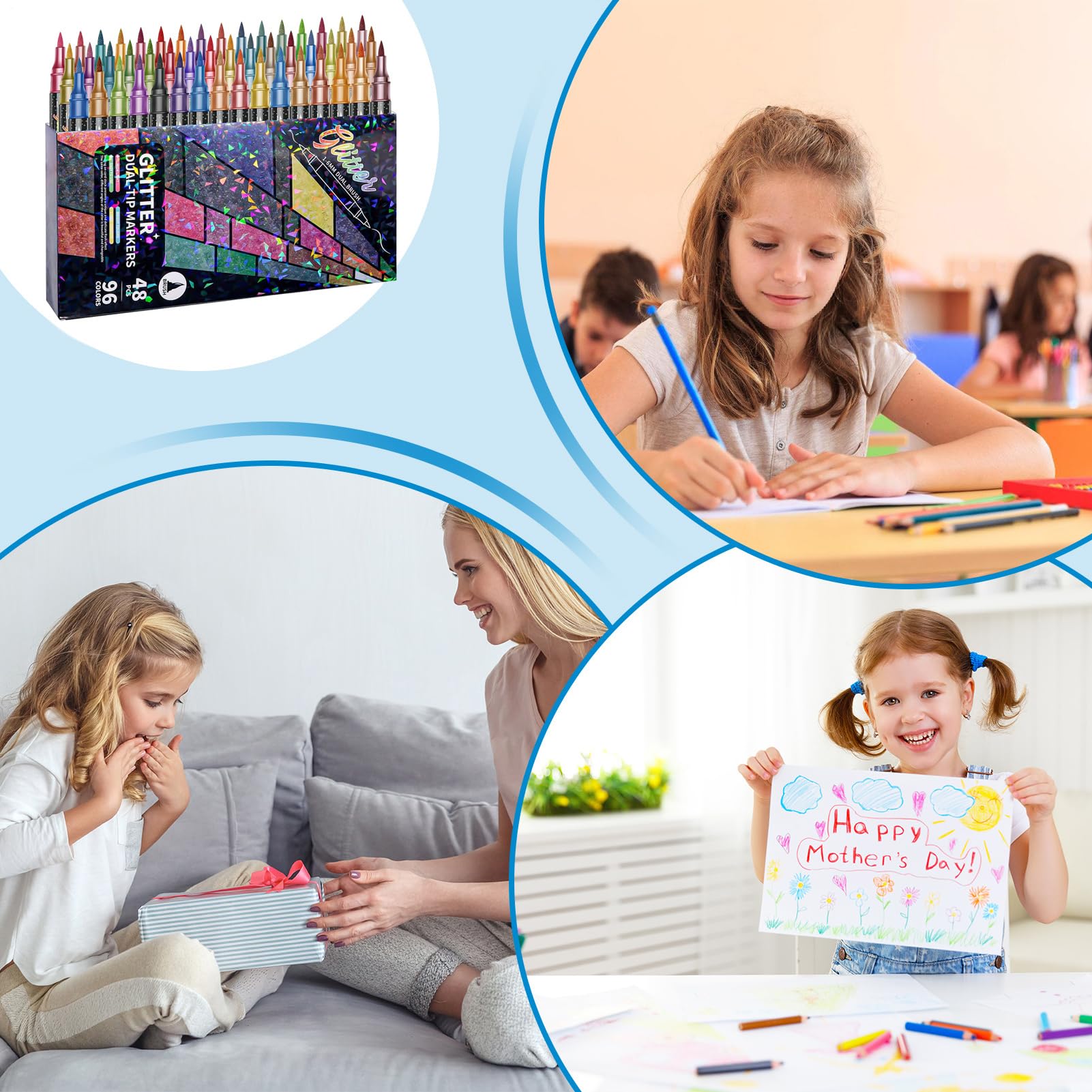 Pennarelli glitter bambini Set di pennarelli a base d'acqua a doppia punta | Pennarelli colorati con glitter per contorni per Casa, Scuola, Lavoretti Fai Da Te, Biglietti d'Auguri, Libri da