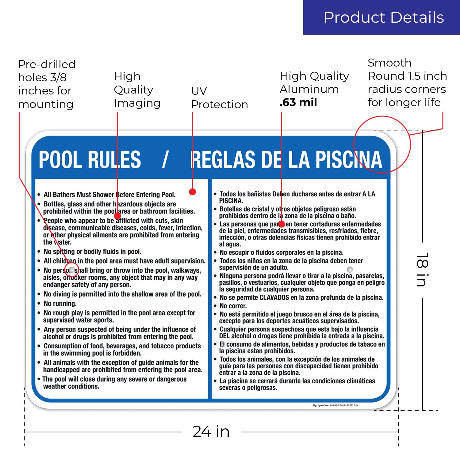 Bilingual Pool Rules Sign, English Spanish, 18x24 Inches, Rust Free .063 Aluminum, Fade Resistant, Easy Mounting, Indoor/Outdoor Use, Made in USA