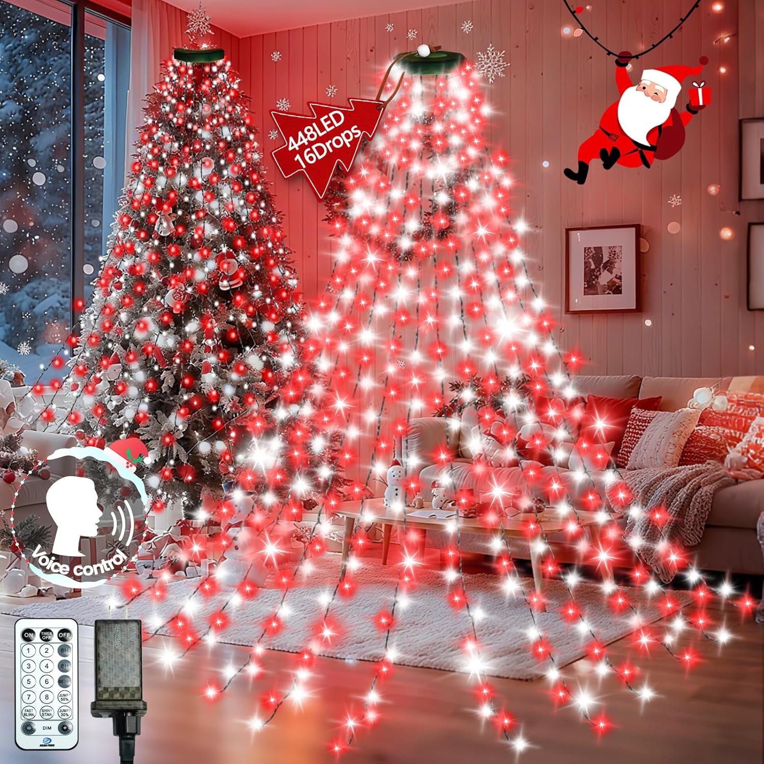 2025 New Christmas Tree Lights Indoor with Voice Control & Remote | 448LED Waterfall Tree Topper Lights with 12 Modes & Timer, 7FT x 16 Lines Cascading Twinkle Lights for 7FT Xmas Decor(Red White)