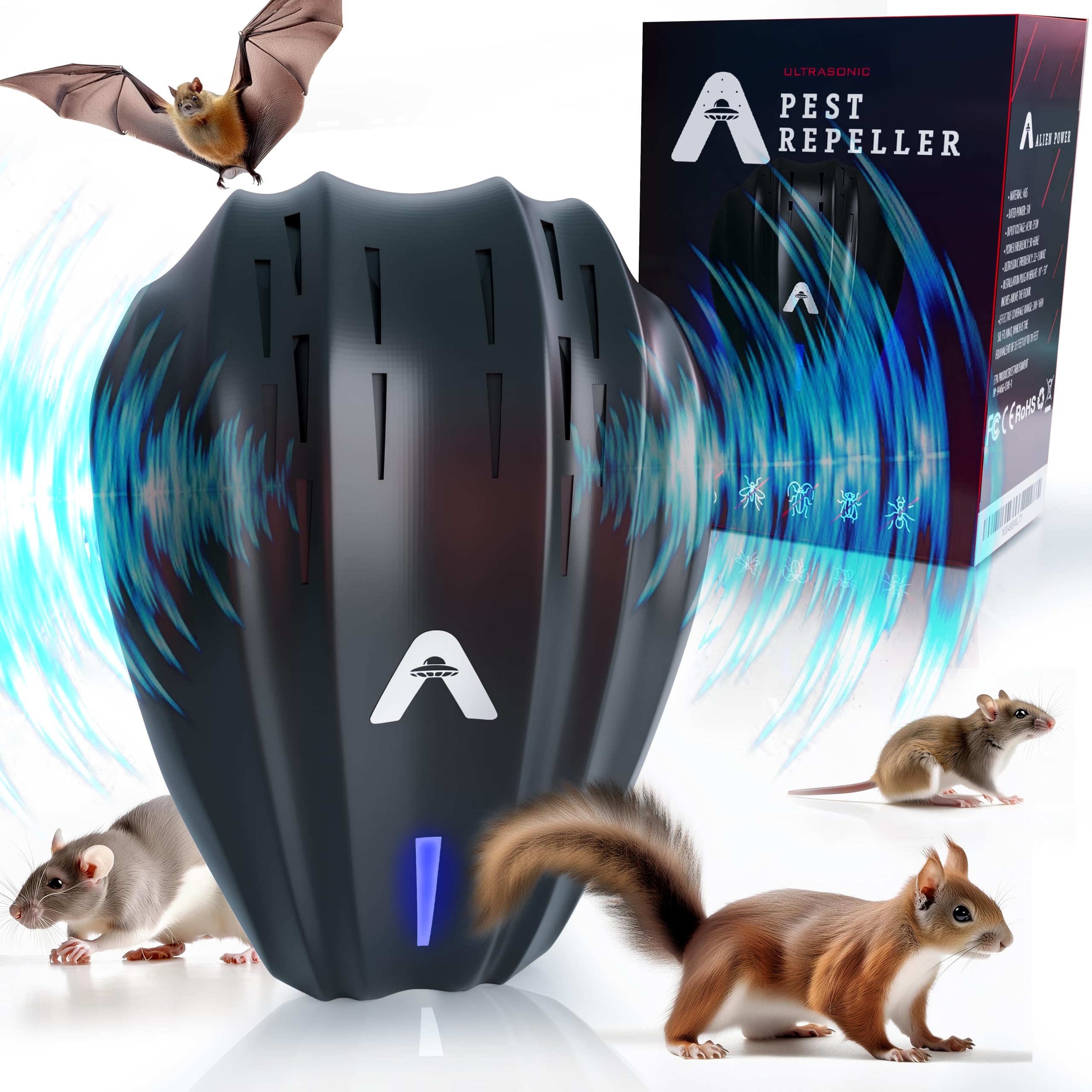 Ultrasonic Pest Repeller Plug-in Device – Indoor/Outdoor Rodent Repellent Control – Solution with Fly Mosquito Squirrel Mice Bat Bug Cockroach Rat Ants Spider