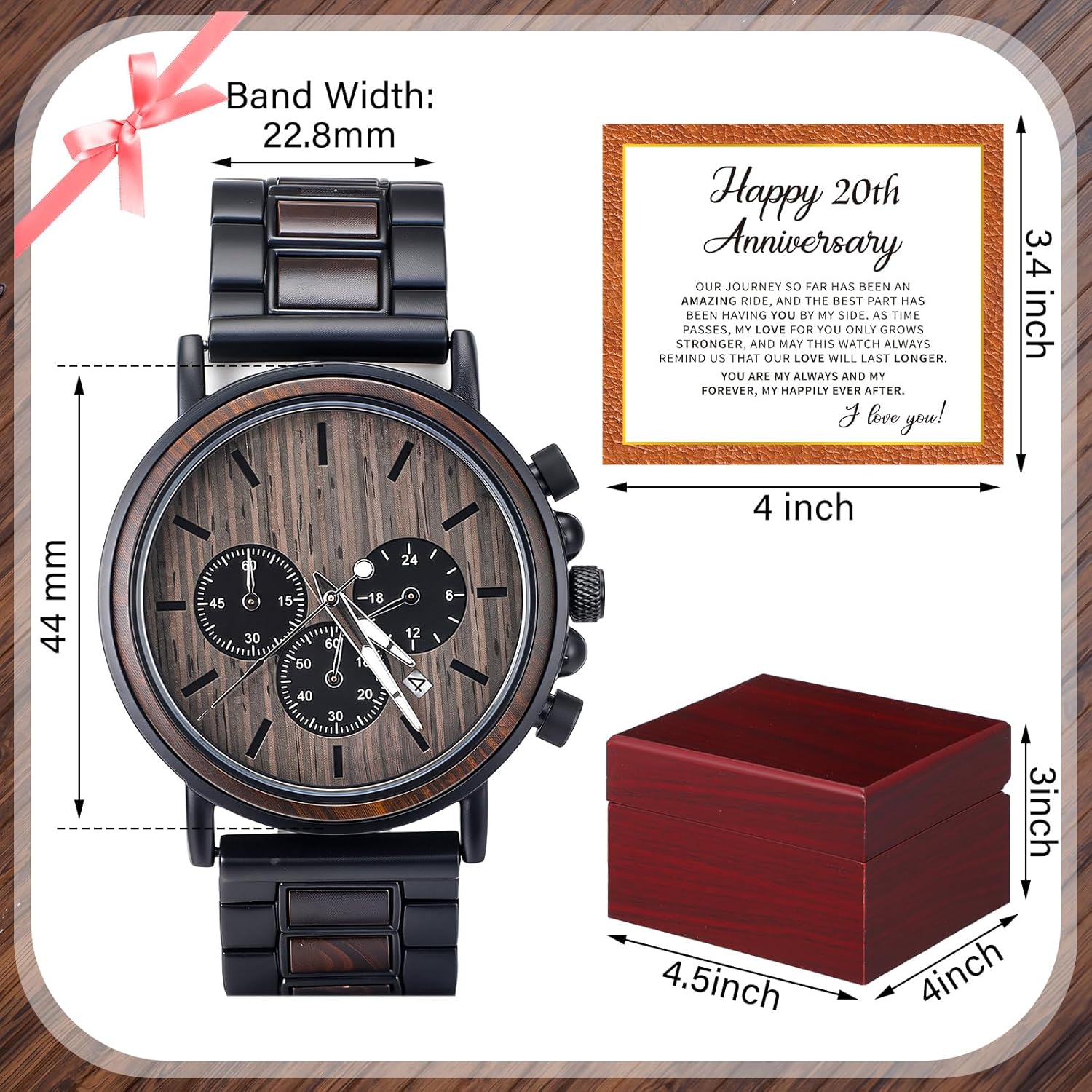 20 Years Engraved Wooden Watch for Him 20 Years Anniversary for Men Gifts 20th Twentieth Wedding Anniversary Keepsake for Husband Boyfriend - Image 2