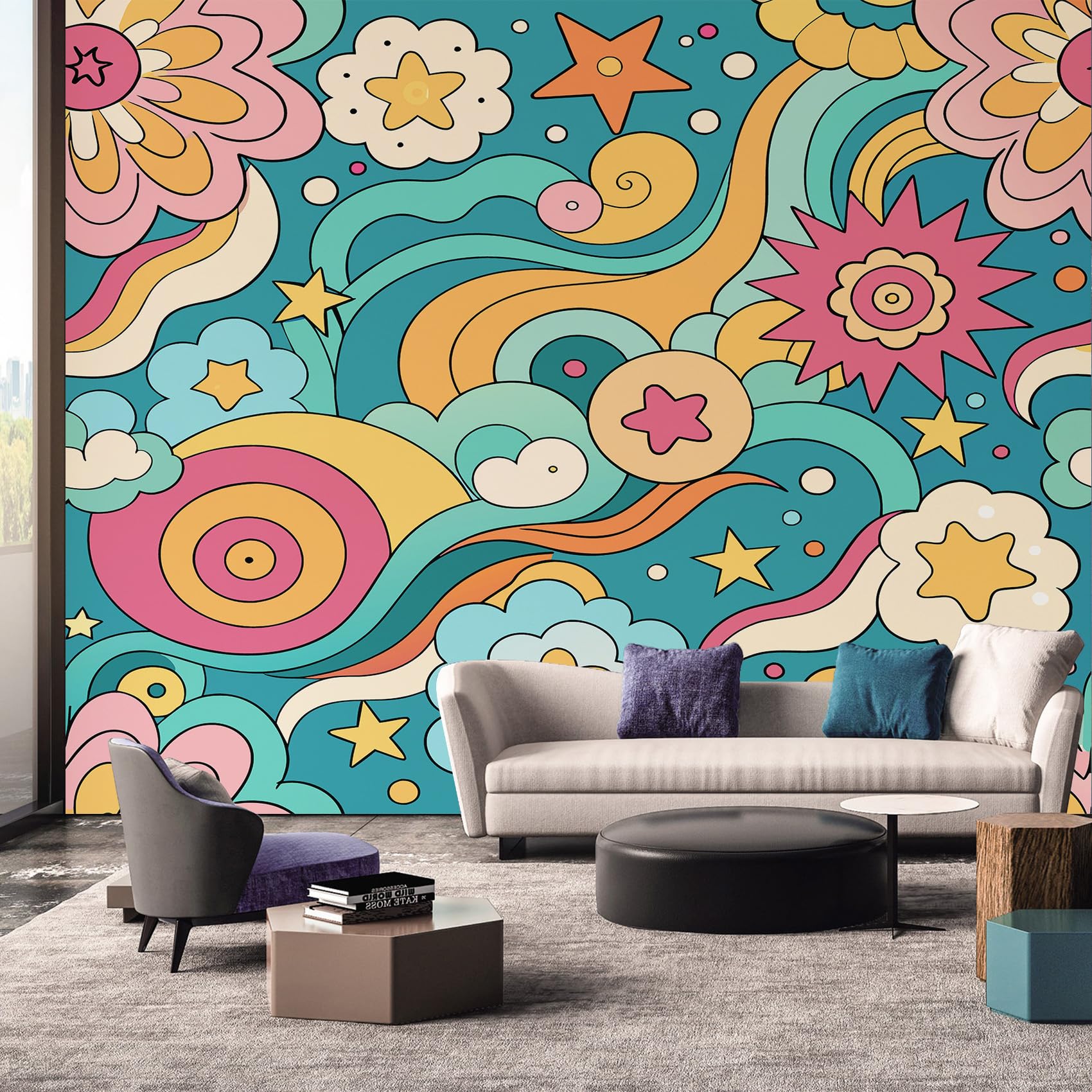 Retro 70s Wallpaper, Rainbow Star Cloud Abstract Mural Wallpaper, Retro 70s Room Decor Wall Art for Living Room Bedroom Kitchen 500L x 280W cm