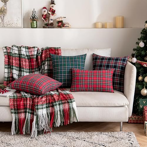 Miniatura 4 de EMEMA - Juego de 2 fundas de almohada decorativas de tartán verde navideño escocés para casa de campo, clásico retro, cuadrado, para sofá, sillón,