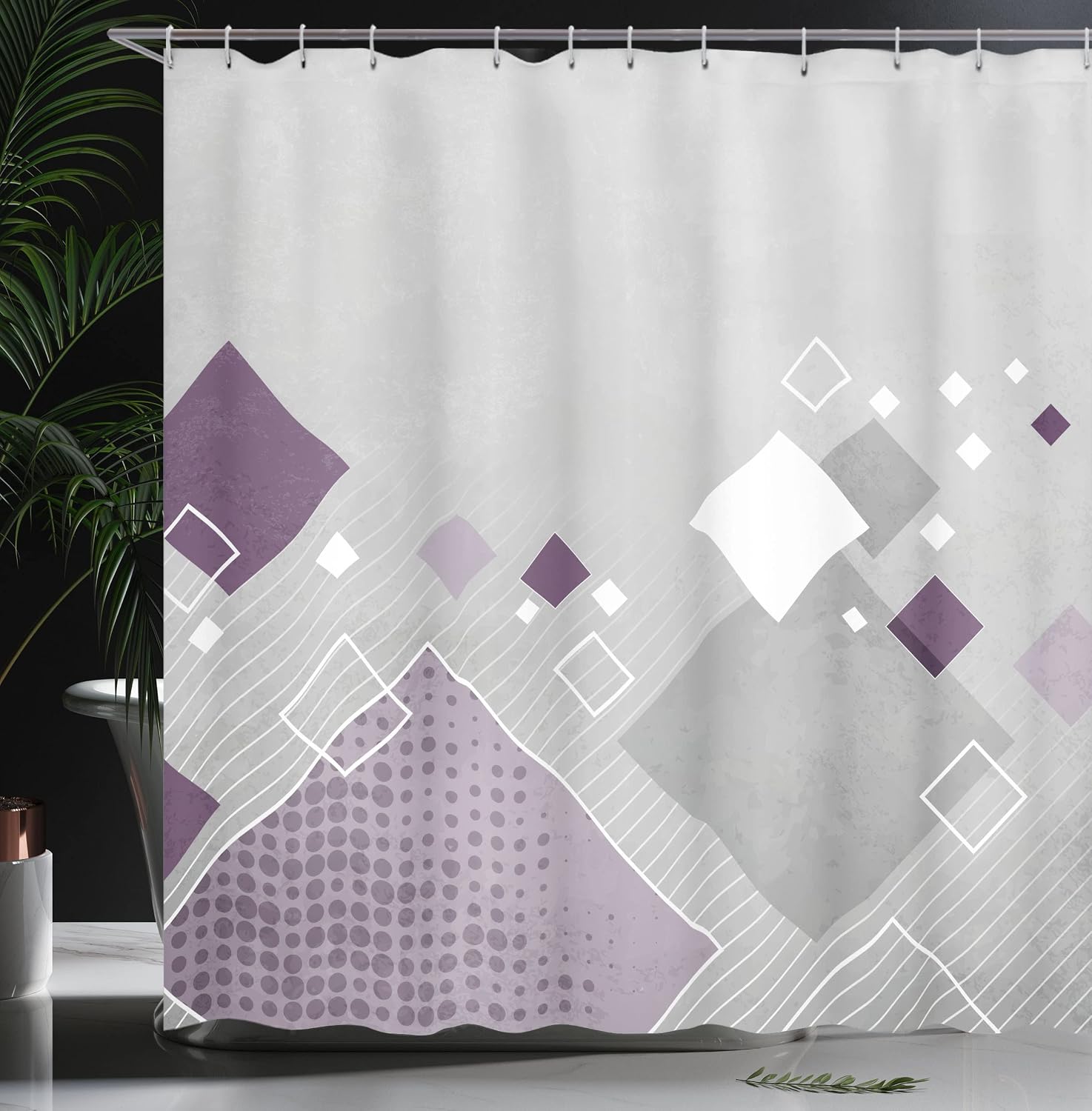 Ambesonne Abstract Shower Curtain, Geometric Composition with Different Colored Squares Striped Dotted Rhombus, Cloth Fabric for Bath Decor Set with 12 Hooks House Bathroom, 69" W x 70" L, Grey Purple image 3