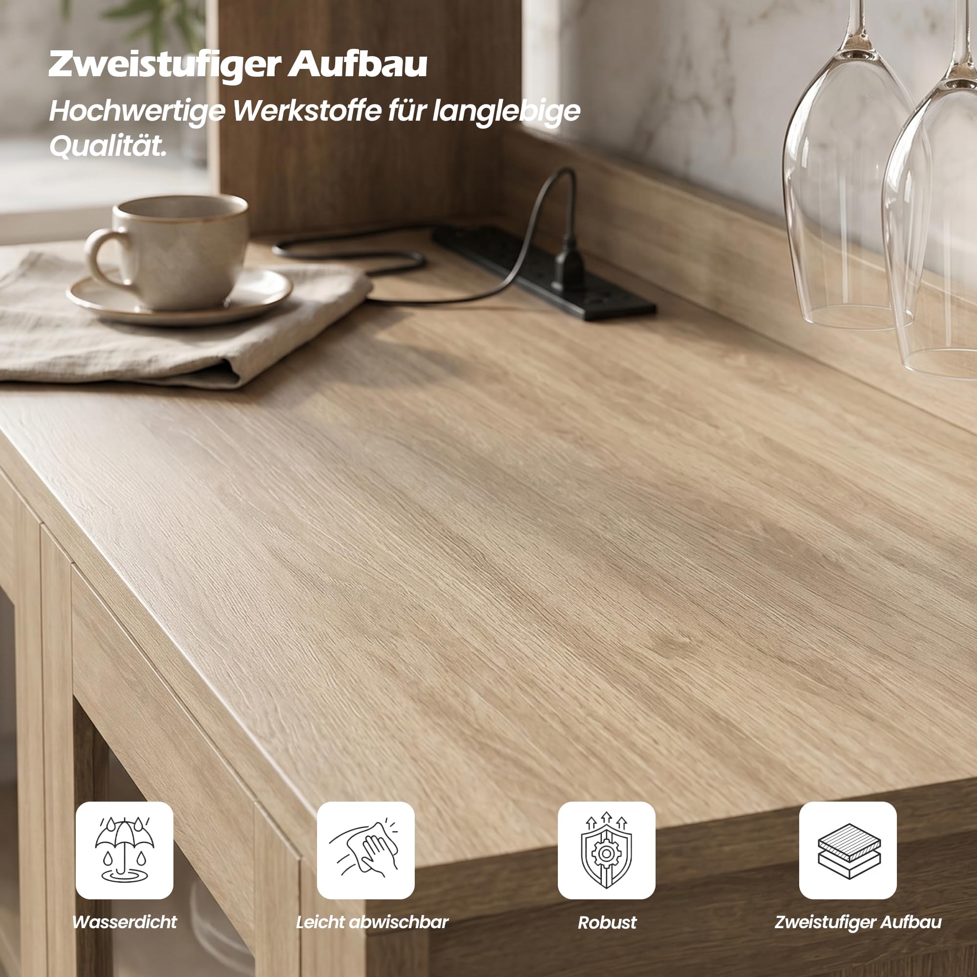 GRAVFORCE Küchenschrank mit Arbeitsplatte und Steckdose – 190cm Buffetschrank mit LED Sideboard Küche Glastür verstellbaren Böden Vorratsschrank Kippsicherung für Küche Esszimmer Holzfarbe