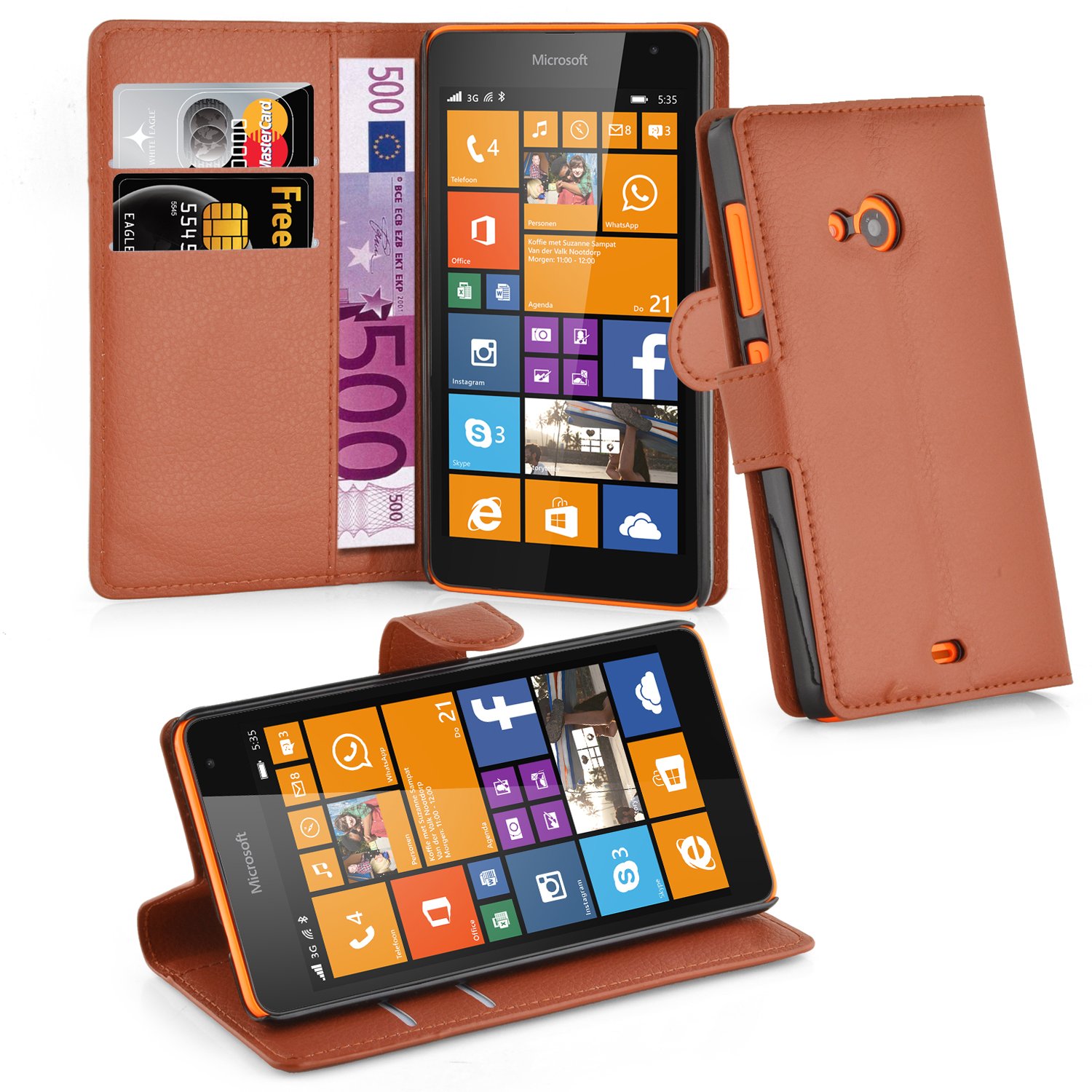 cadorabo Book Case works with Nokia Lumia 535 in SADDLE BROWN - with Magnetic Closure, Stand Function and Card Slot - Wallet Etui Cover Pouch PU Leather Flip