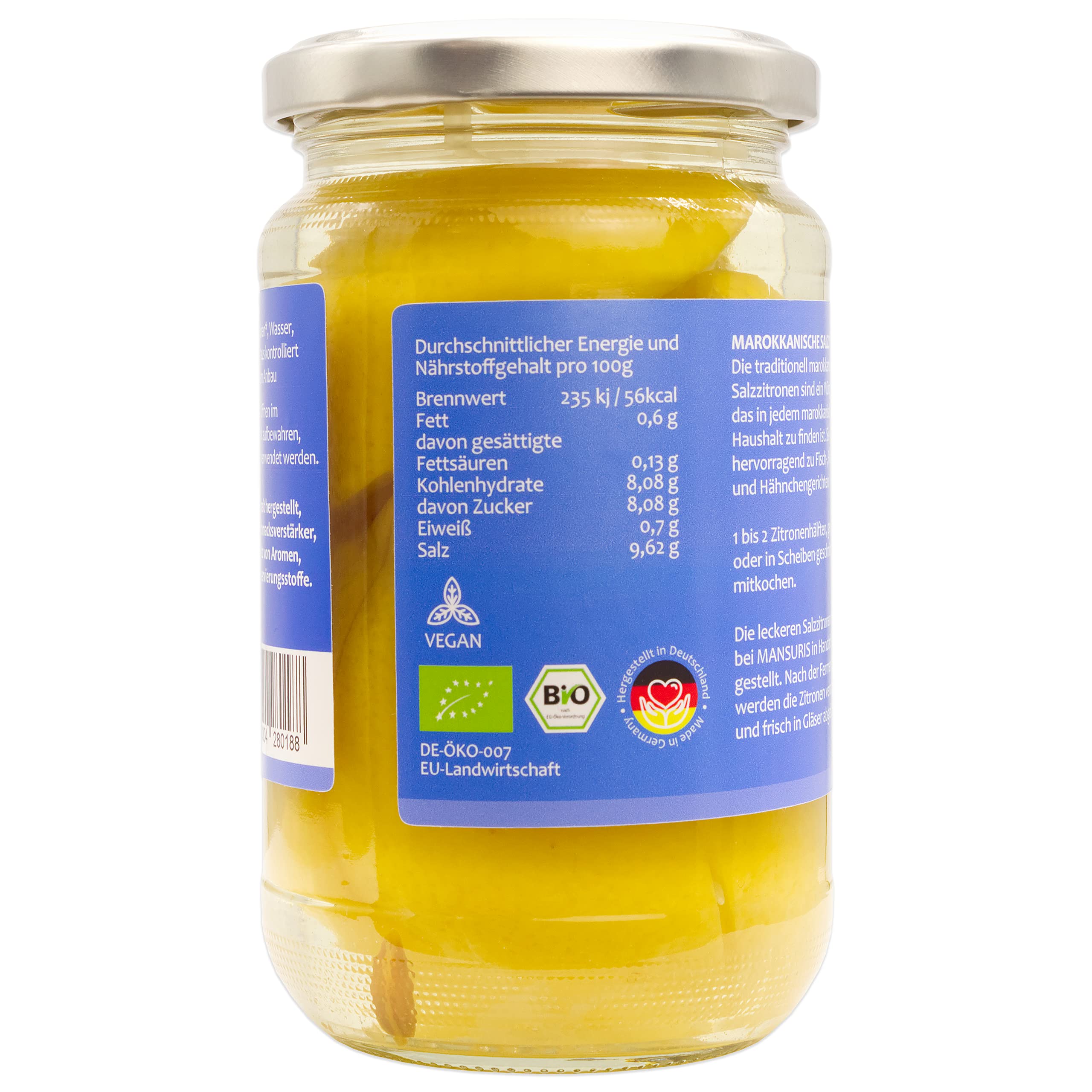 Mansuris - eingelegte Bio Zitronen in Meersalz - Citron Beldi -BIO Salzzitronen, In Salzlake eingelegte marokkanische Zitronen für Tajine Couscous, vegan, glutenfrei im 6er Set á 350 g Glas