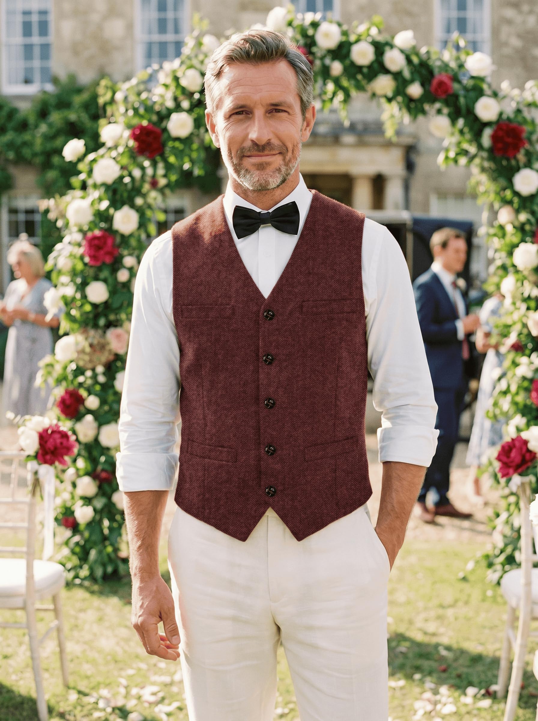 Solovedress Gilet sans manches décontracté pour hommes, en laine et tweed, motif à chevrons, col en V, pour mariage/garçons d’honneur