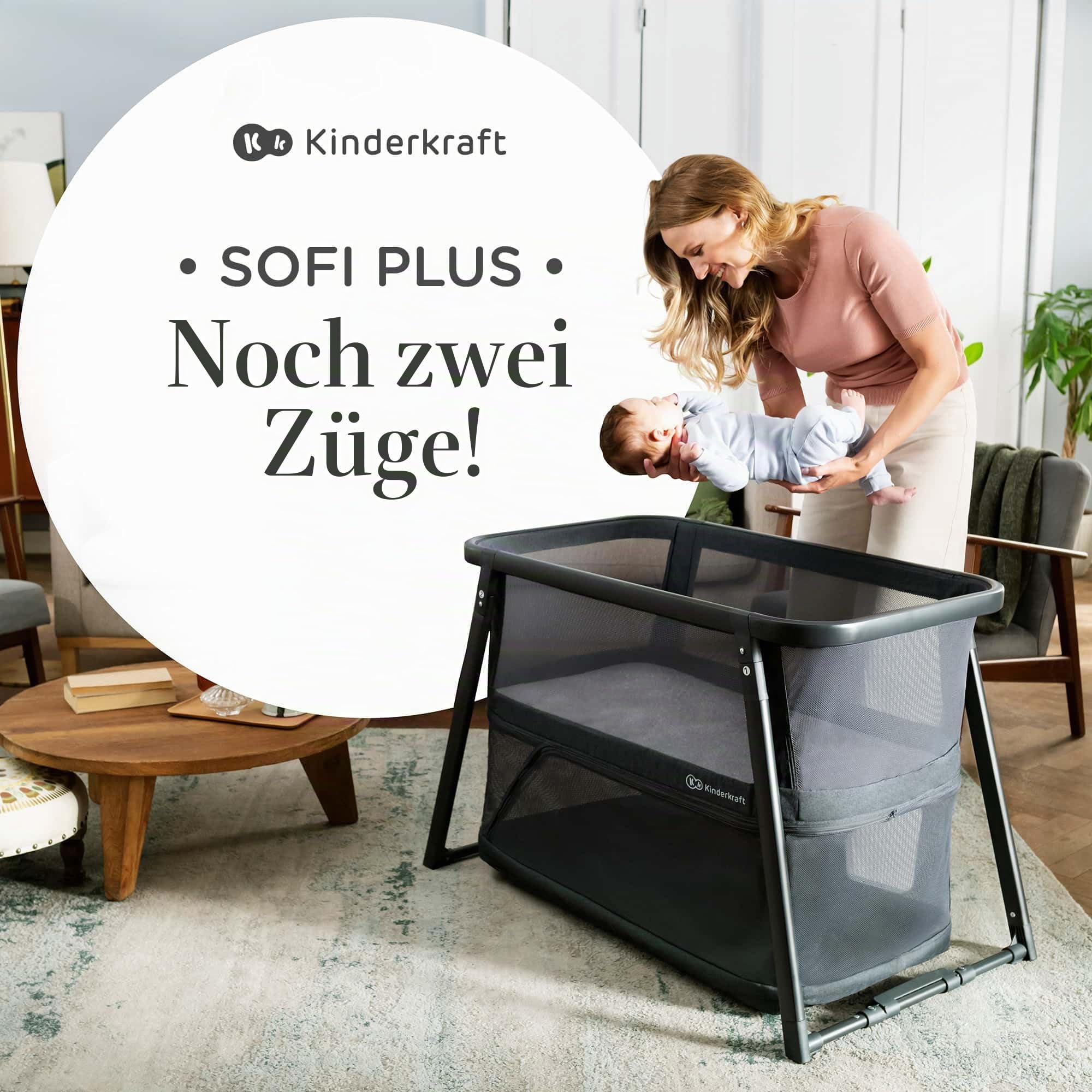 Kinderkraft SOFI Plus, Babybett, Wiege, Reisebett, ab Geburt bis 3 Jahre, bis 15 kg, schnell zusammenklappbar, perfekt für unterwegs, Baumwollbezug, 2 Laken gratis