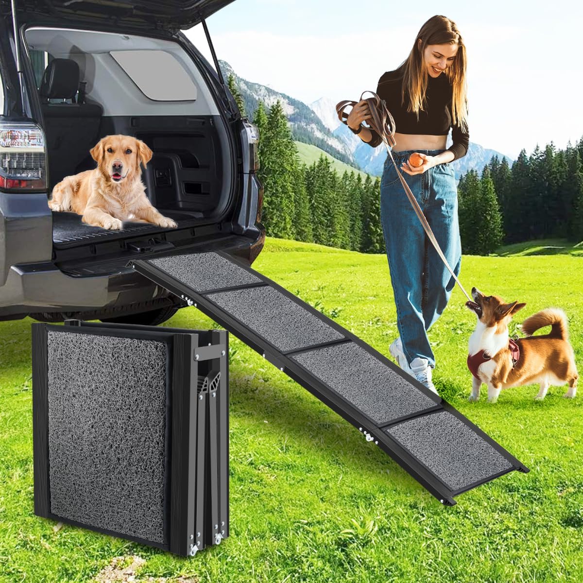 Large Dog Ramp for Car  62''17'' Portable Folding Pet Stairs for Medium, Large & Senior Dogs  Non-Slip & Sturdy, Supports Up to 220LBS for Easy Access to Cars & SUVs
