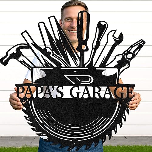 Miniatura 37 de Letrero de taller de garaje personalizado para hombres, arte de pared de metal con nombre personalizado para cobertizo mecánico, decoración rústica