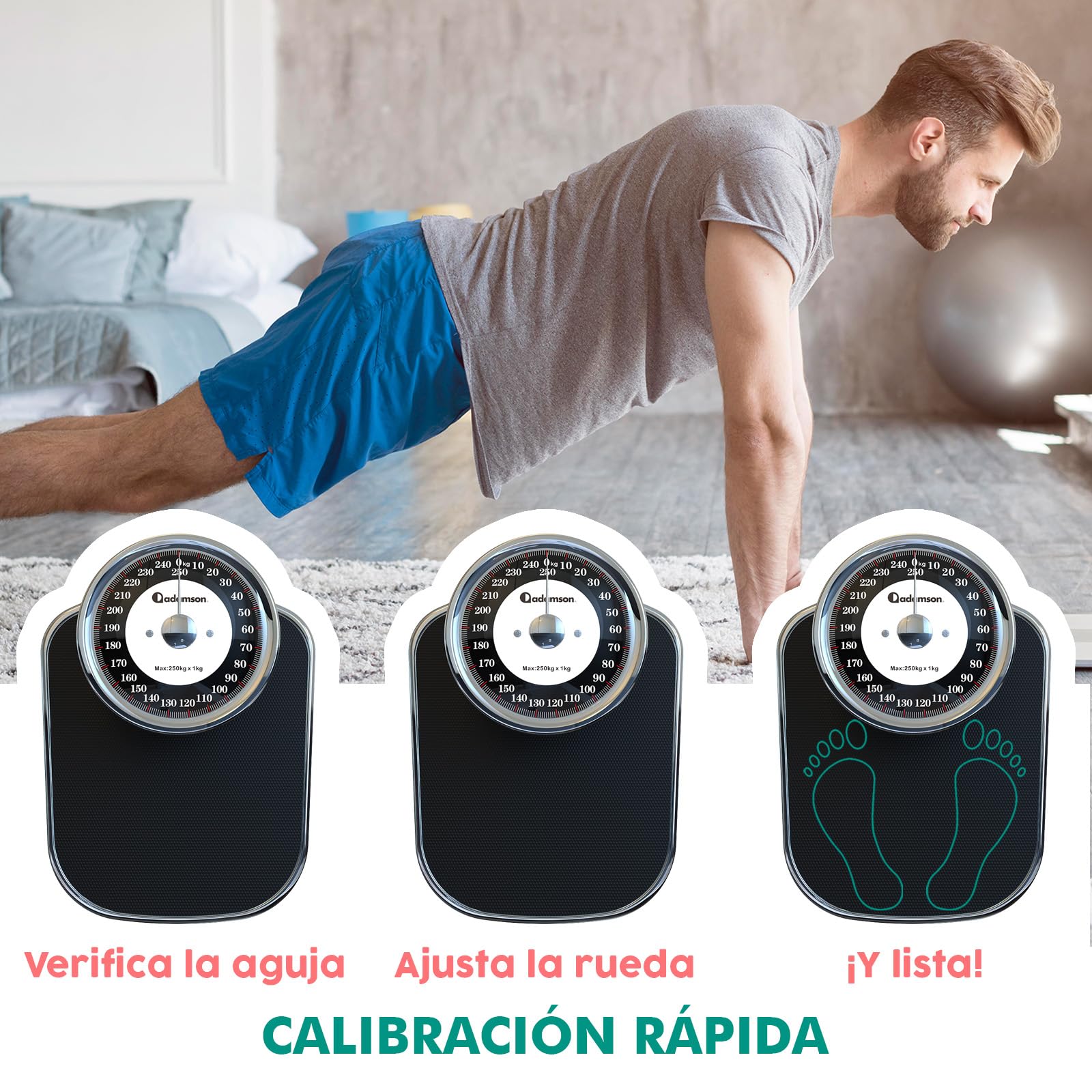 Adamson A28 - Báscula de baño analógica - Hasta 250 kg - Números grandes y base antideslizante - Balanzas para baño de alta precisión - 20 años de garantía - Para casa, dormitorio - NUEVA