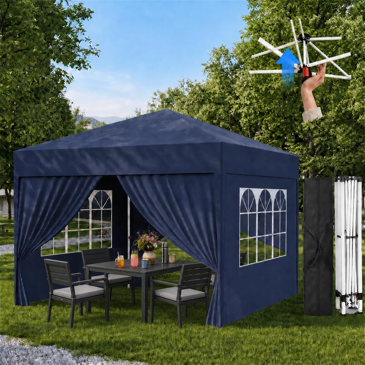 10x10 Pop Up Canopy Tent with Sidewalls Blue Instant Setup for Beach Party