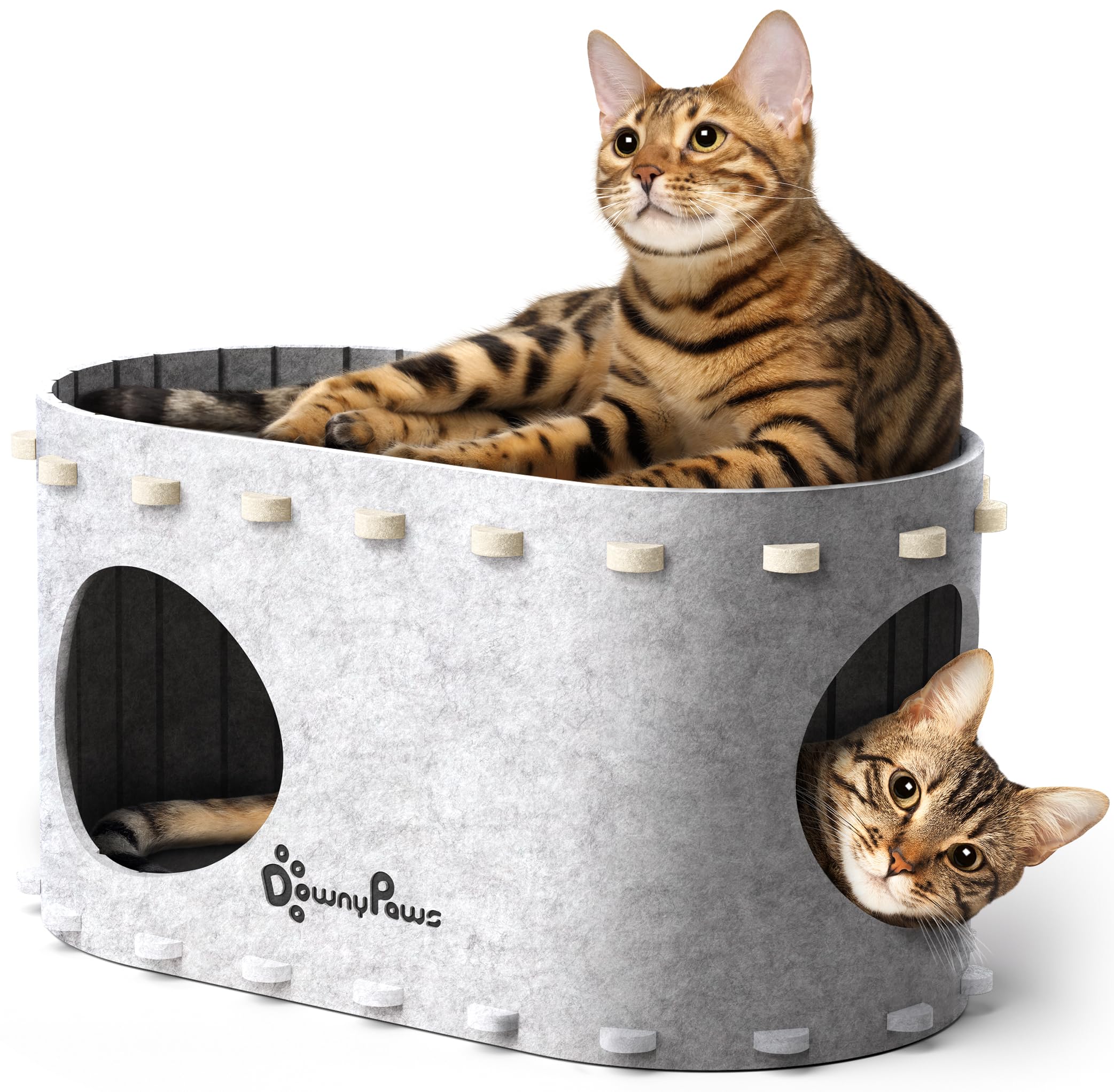 DownyPaws Felt Cat Cave, Cat Beds for Indoor, Sturdy Cat House Up to 10kg, Cat Hideaway for Playing, 58 x 33 x 30 cm, Protection of Cat Nails, White