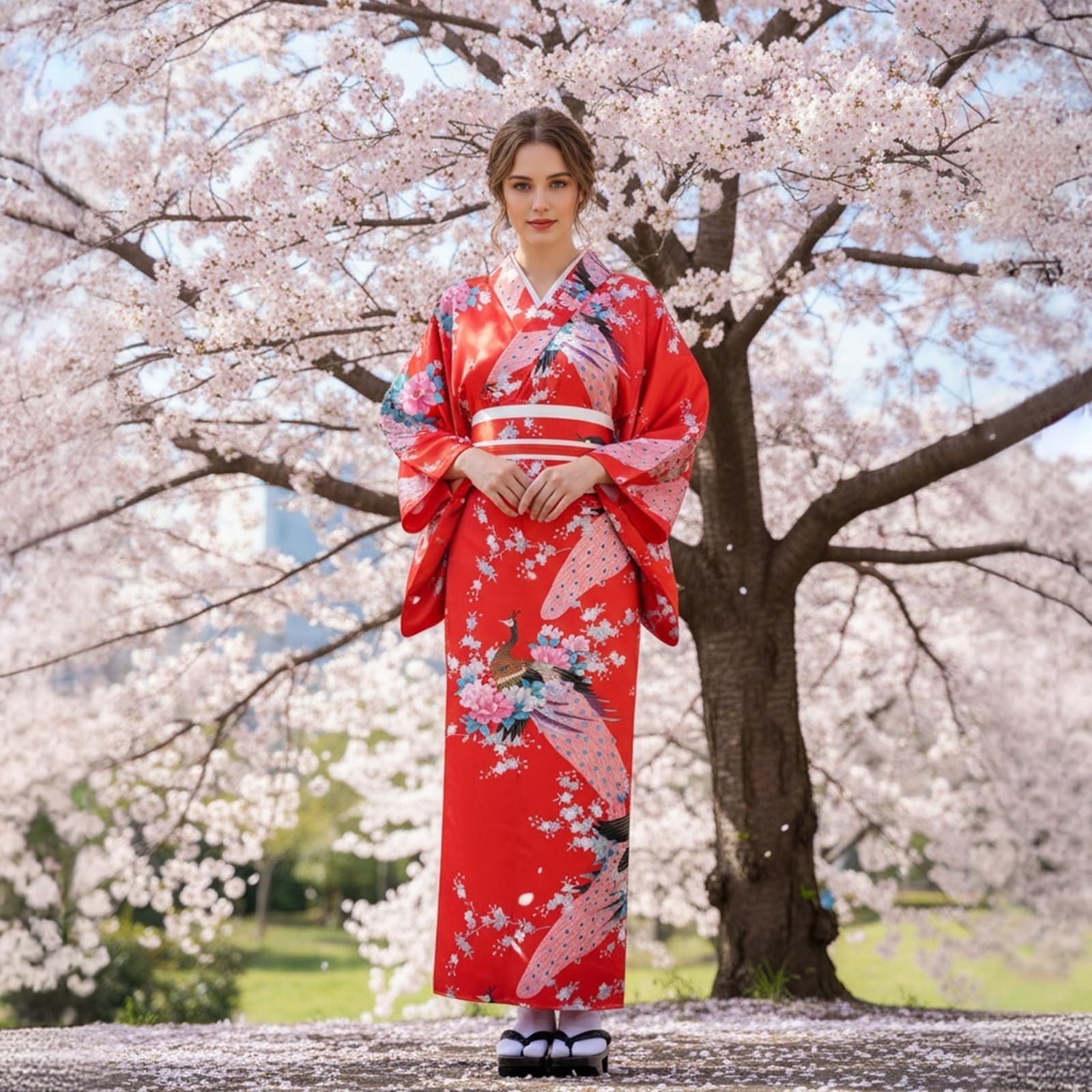 Ensemble Kimono Japonais Femme 9 Pièces - Yukata Satin avec Obi, Nœud Papillon, Masque Renard, Éventail, Tabi, Pochette et Barrette - Déguisement Geisha Large pour Carnaval & Cosplay Coffret Cadeau