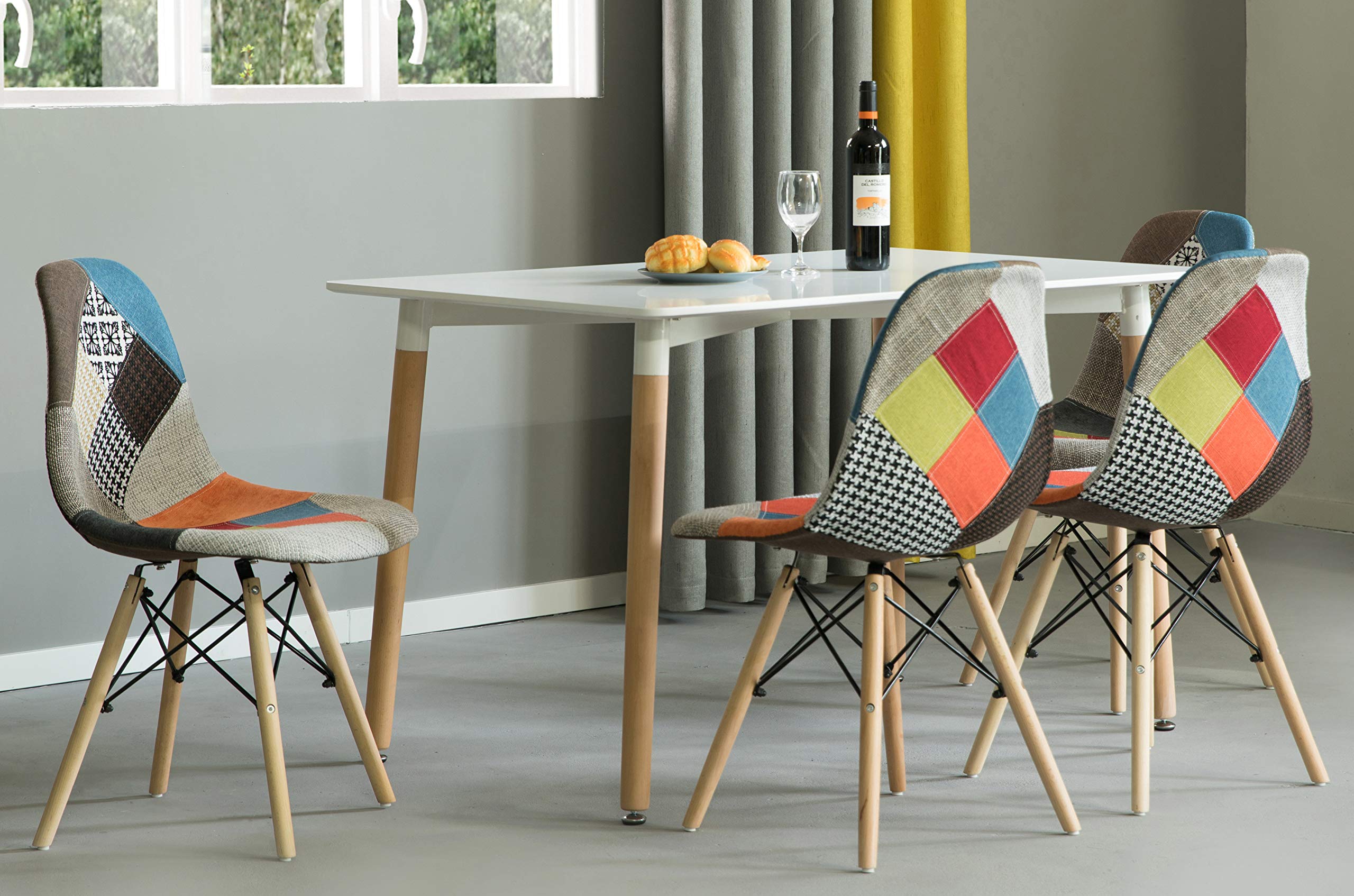 Silla de comedor moderna de mediados de siglo tapizada de plástico multicolor Patchwork DSW Shell con patas Eiffel de clavija de madera 3