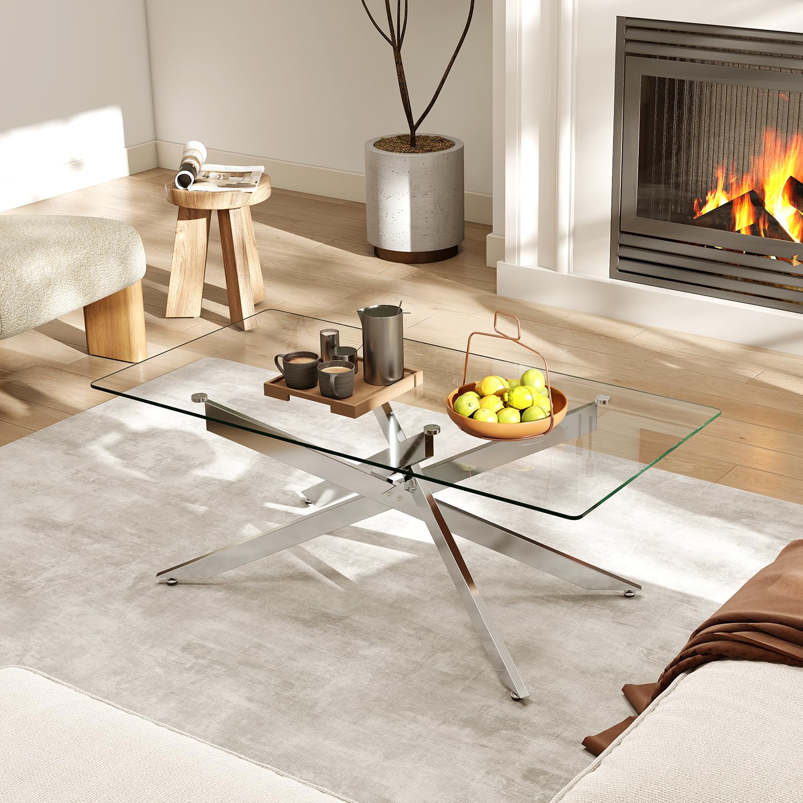 COSTWAY Tavolo da Caffè, Tavolino Salotto in Vetro Temperato con Gambe Incrociate in Metallo Placcato e Piedini Regolabili Antiscivolo, per Soggiorno e Ingresso, 120 x 60 x 45,5 cm (Argento)
