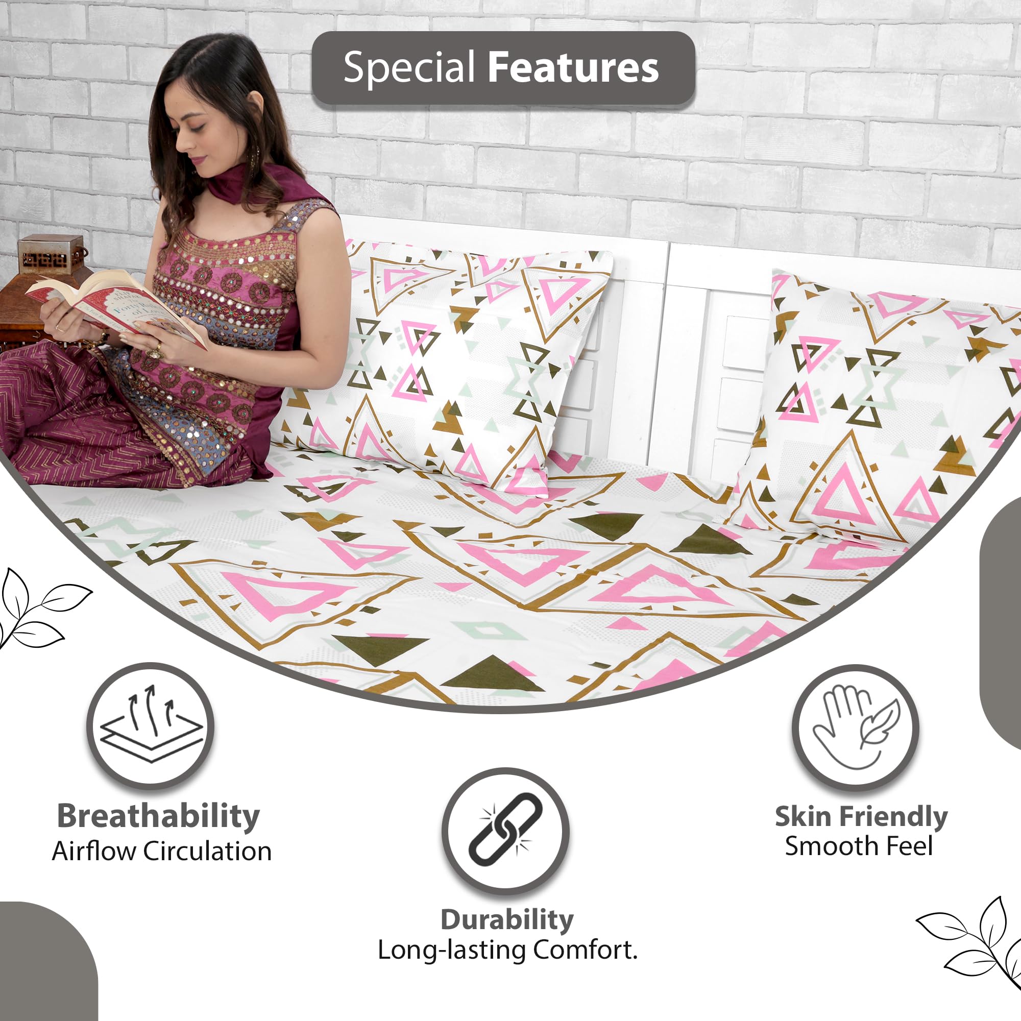 Divine Casa 144 TC 100% Cotton Single Bedsheet for Single Bed with 1 Pillow Cover | Soft Breathable Comfortable Cotton Bedsheet Set for Bedroom & Guest Room | 145 x 223 cm (Pink Olive, Geometric) 2
