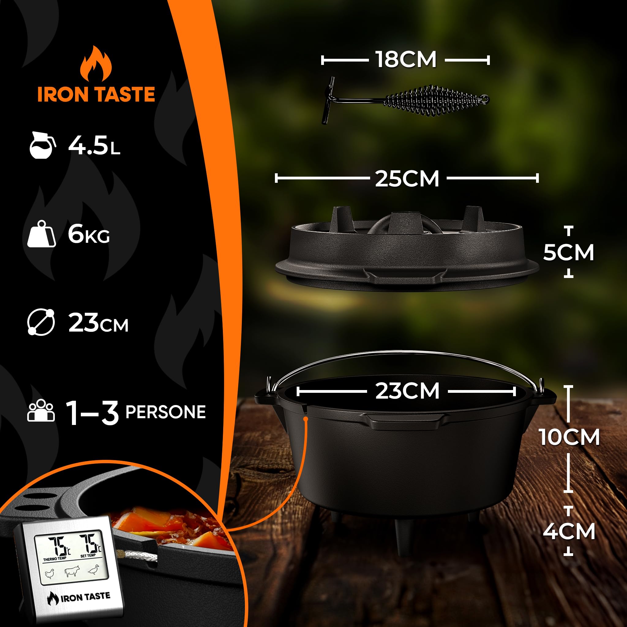 Cocotte Fonte Barbecue 4,5L – Cocotte en fonte pré-assaisonnée avec pieds et couvercle pratique, idéale pour pain, ragoûts, BBQ & camping