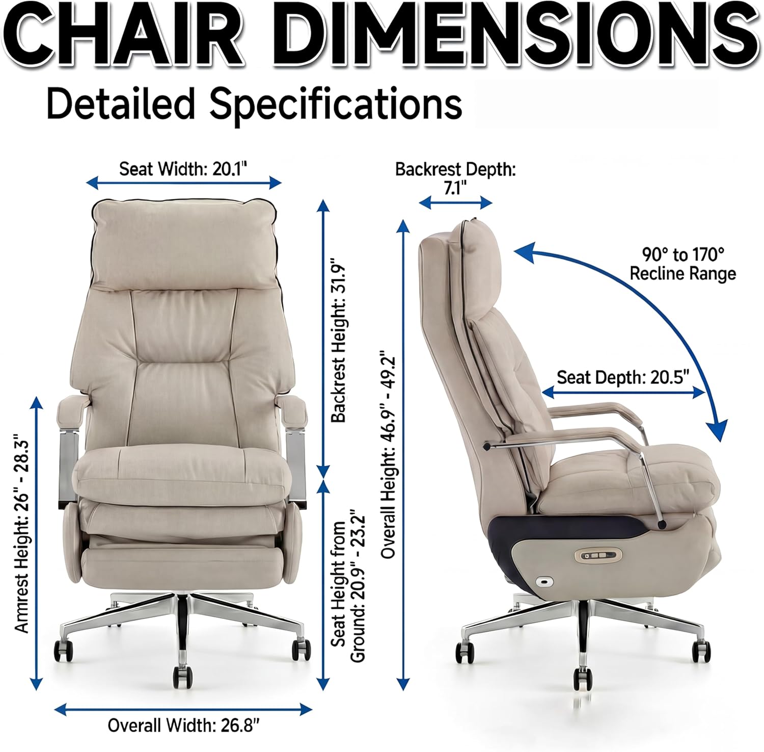 Dual Motor Executive Home Reclining Office Chair with Footrest - One-Click Electric Recline with Massage & Pillow Support Big and Tall PU Leather Ergonomic Desk Chair, High Back Wide Seat (White) - Image 2