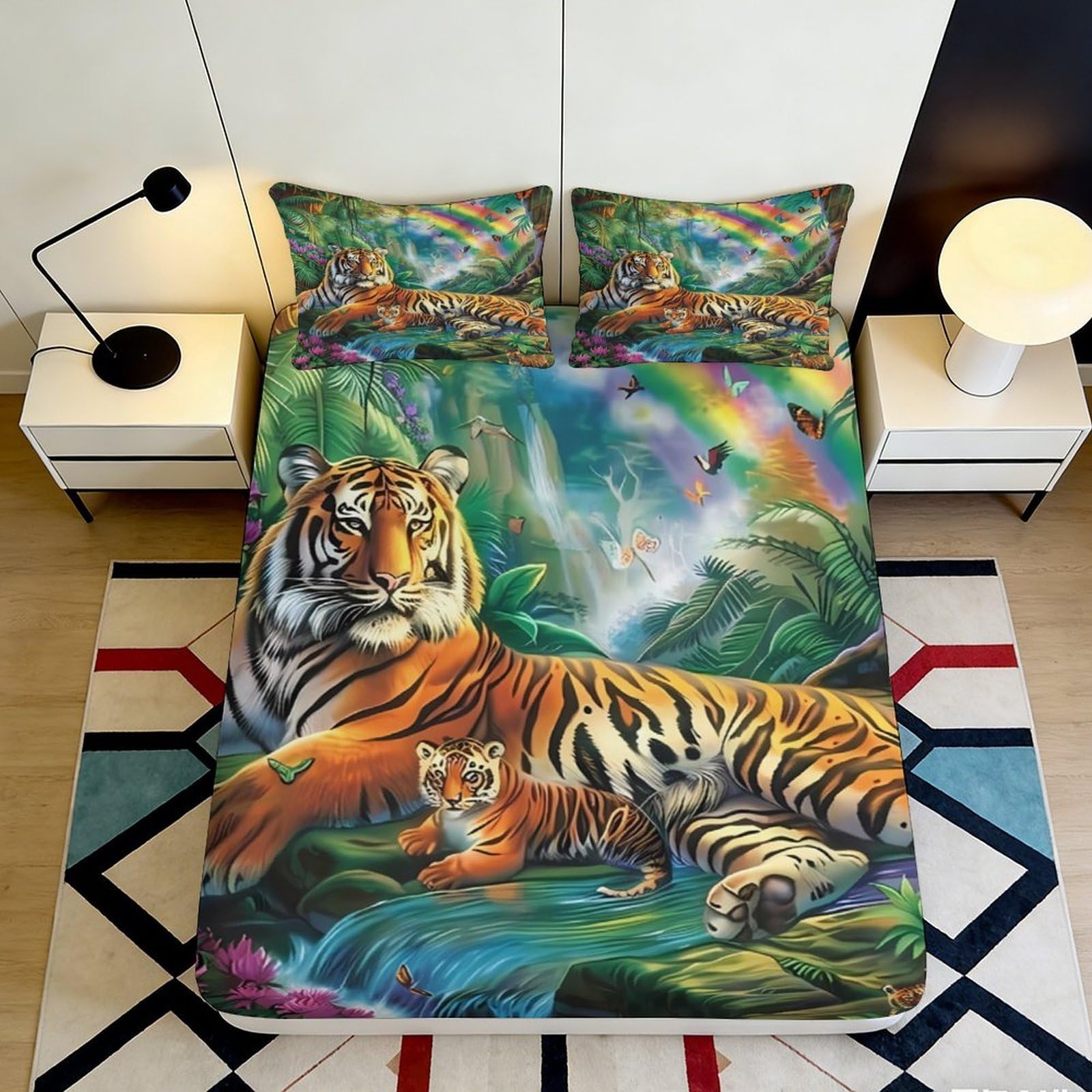 3D Printed Tiger Jungle Fitted Sheet Microfiber Soft Breathable Rainbow Bed Cover for Bedroom Dormitory Guest Room Mattress Protection Decor 140x200x25cm