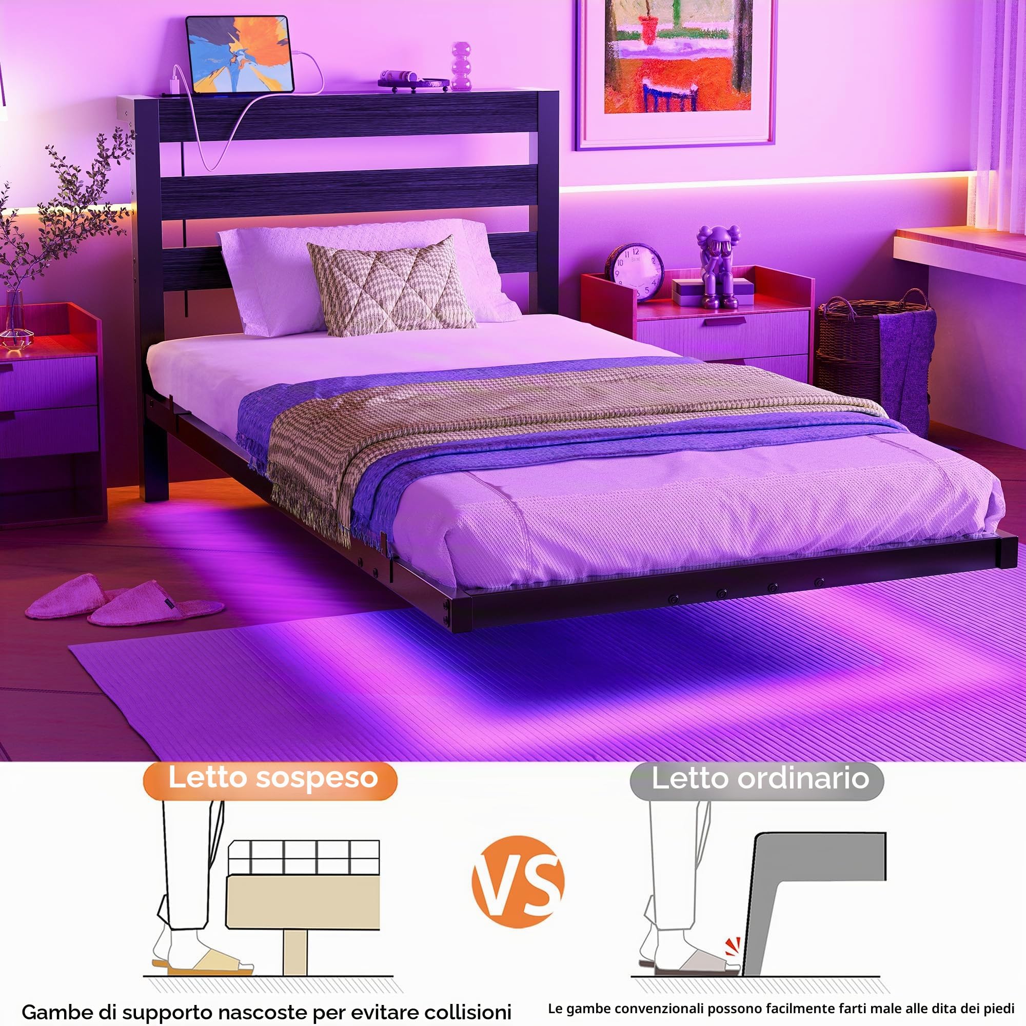 Telaio letto singolo galleggiante da 0,9 m con luci a LED e stazione di ricarica USB, struttura per letto in metallo con testiera in legno, non necessita di rete imbottita, supporto a doghe