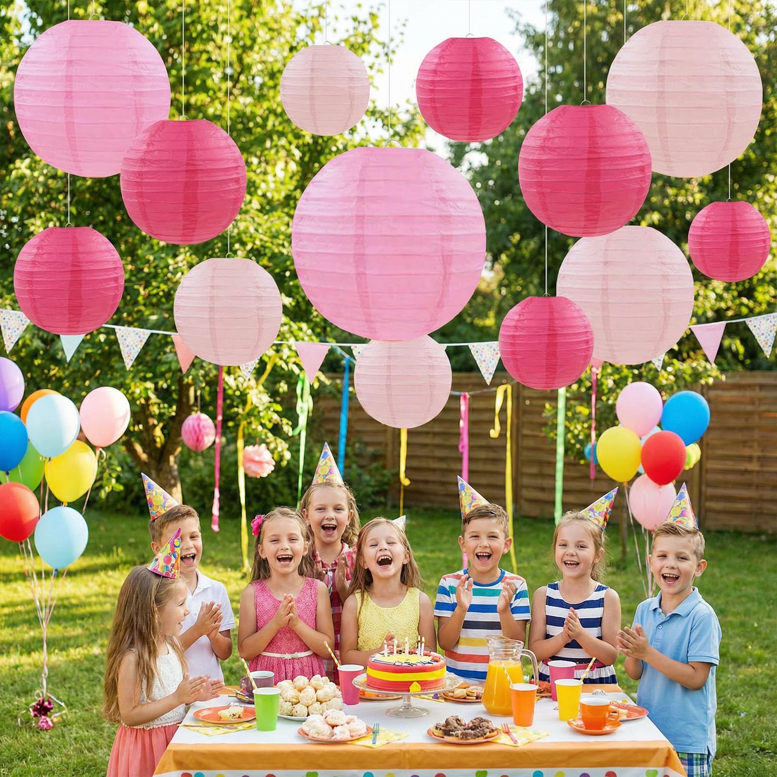 18 lanterne di carta rosa, rotonde decorative con filo da pesca, lanterne di carta da appendere per feste di compleanno, decorazioni in giardino, decorazioni per matrimoni da sposa