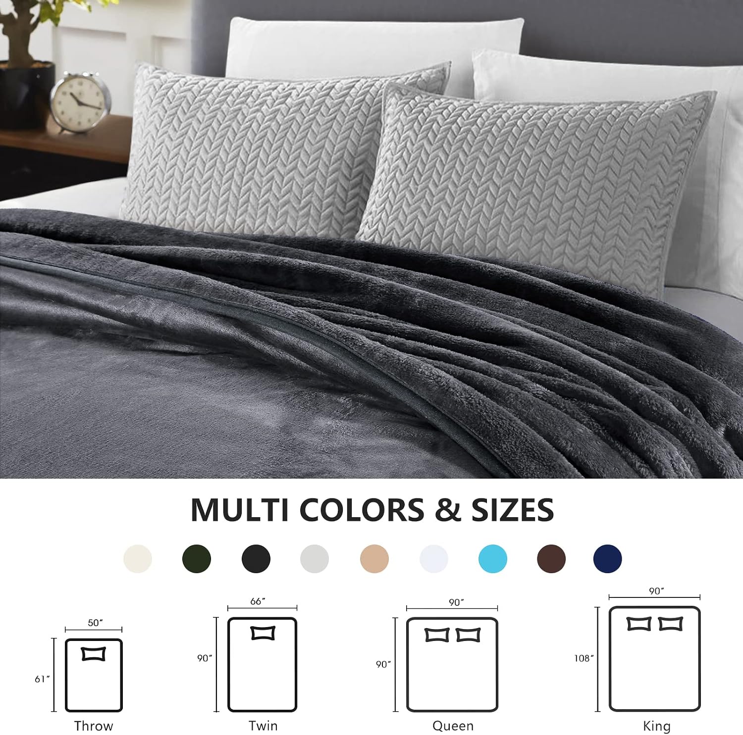 Balichun Queen Size Blanket - Soft Lightweight 330GSM Bed Throw Blanket for Sofa, Couch, Bed, Camping, Travel -All Season Thermal Fleece Blankets, 90x 90 inches, Dark Grey