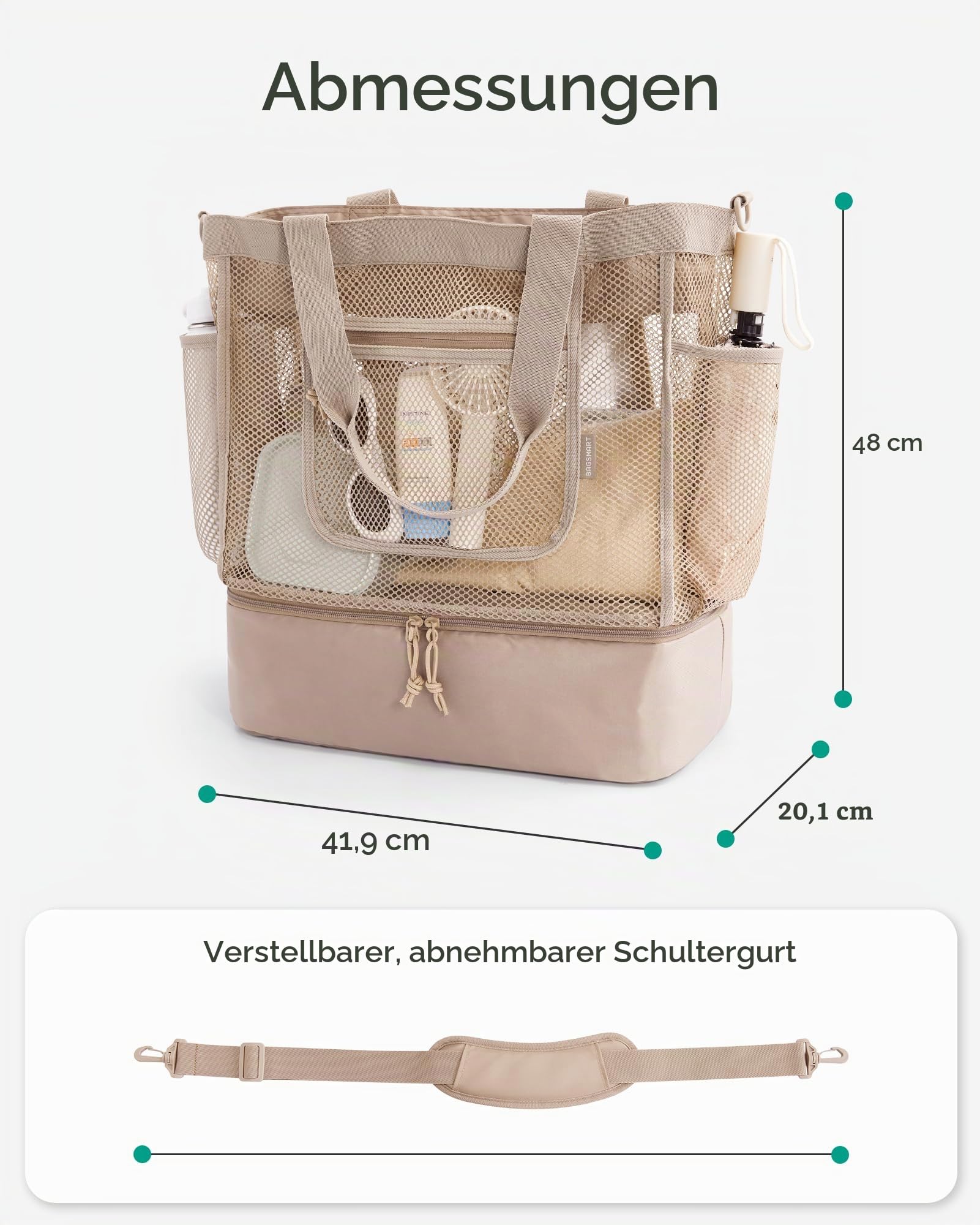 bagsmart Shopper Tasche Damen Strandtasche Groß, Netz Handtasche Beach Bag mit Kühlfach, Wasserdichter Urlaubstasche Badetasche mit Reißverschluss für Schwimmbad Kreuzfahrt Shopping