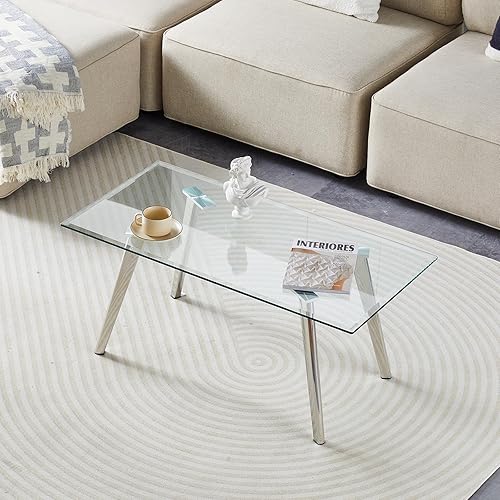 TUKAILAi Mesa de centro moderna de vidrio templado, mesa de té rectangular de vidrio con patas de acero inoxidable, mesa central de estilo