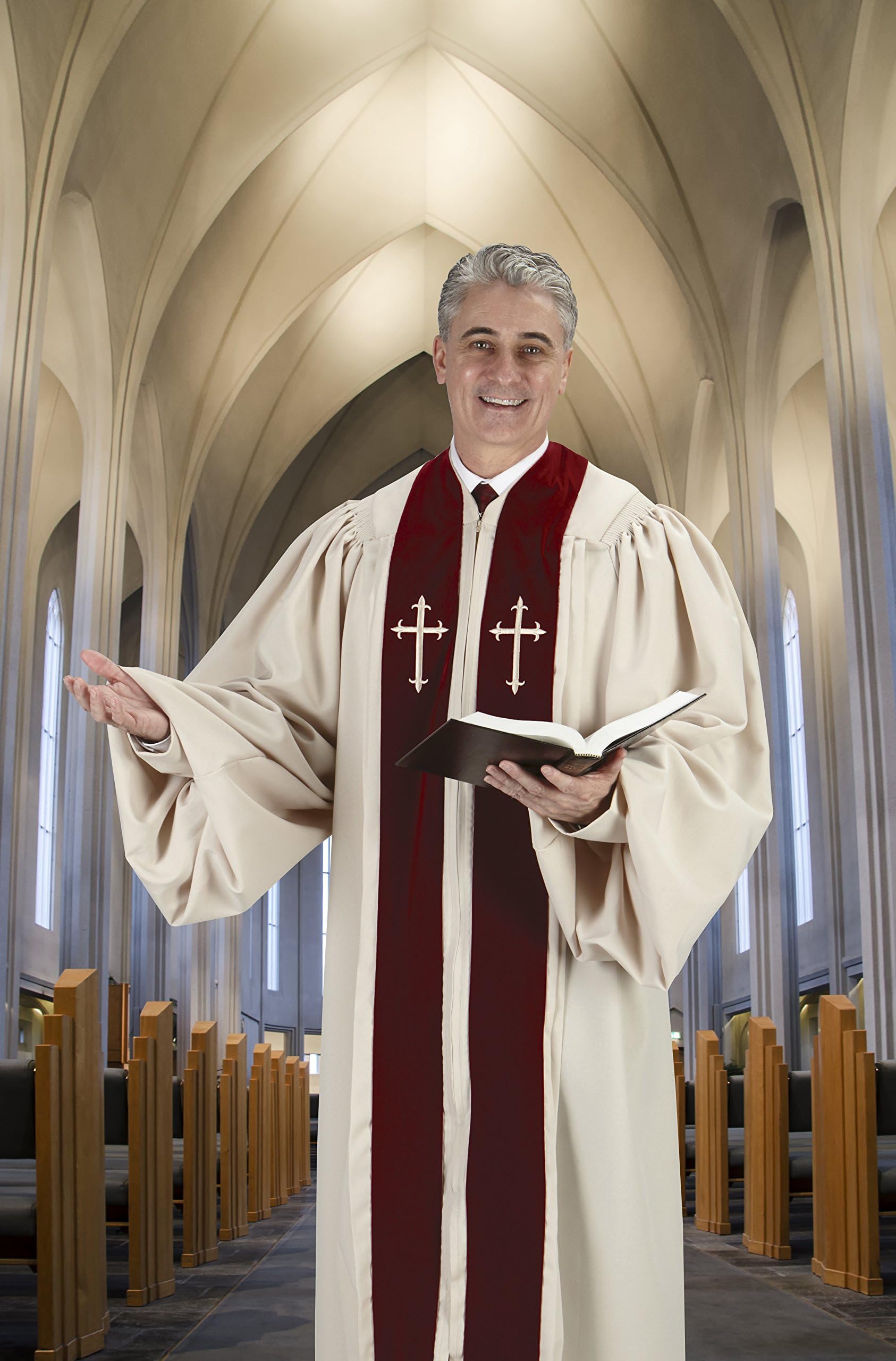 Catholic Factory OutletIvory Pulpit Robe with Burgundy Panels and Gold Embroidery Available in Small, Medium, Large, X-large