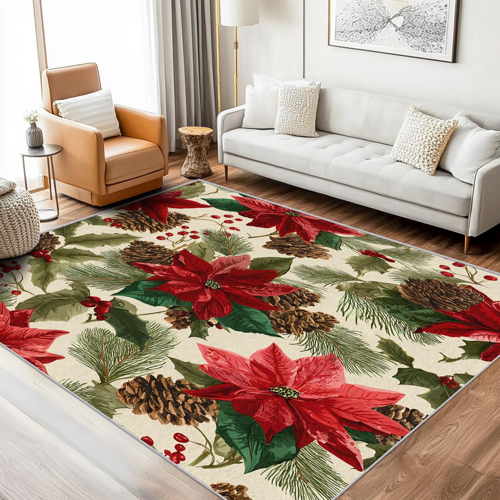 Tapis de Noël Poinsettia en velours doux et motif floral rouge pour maison élégante