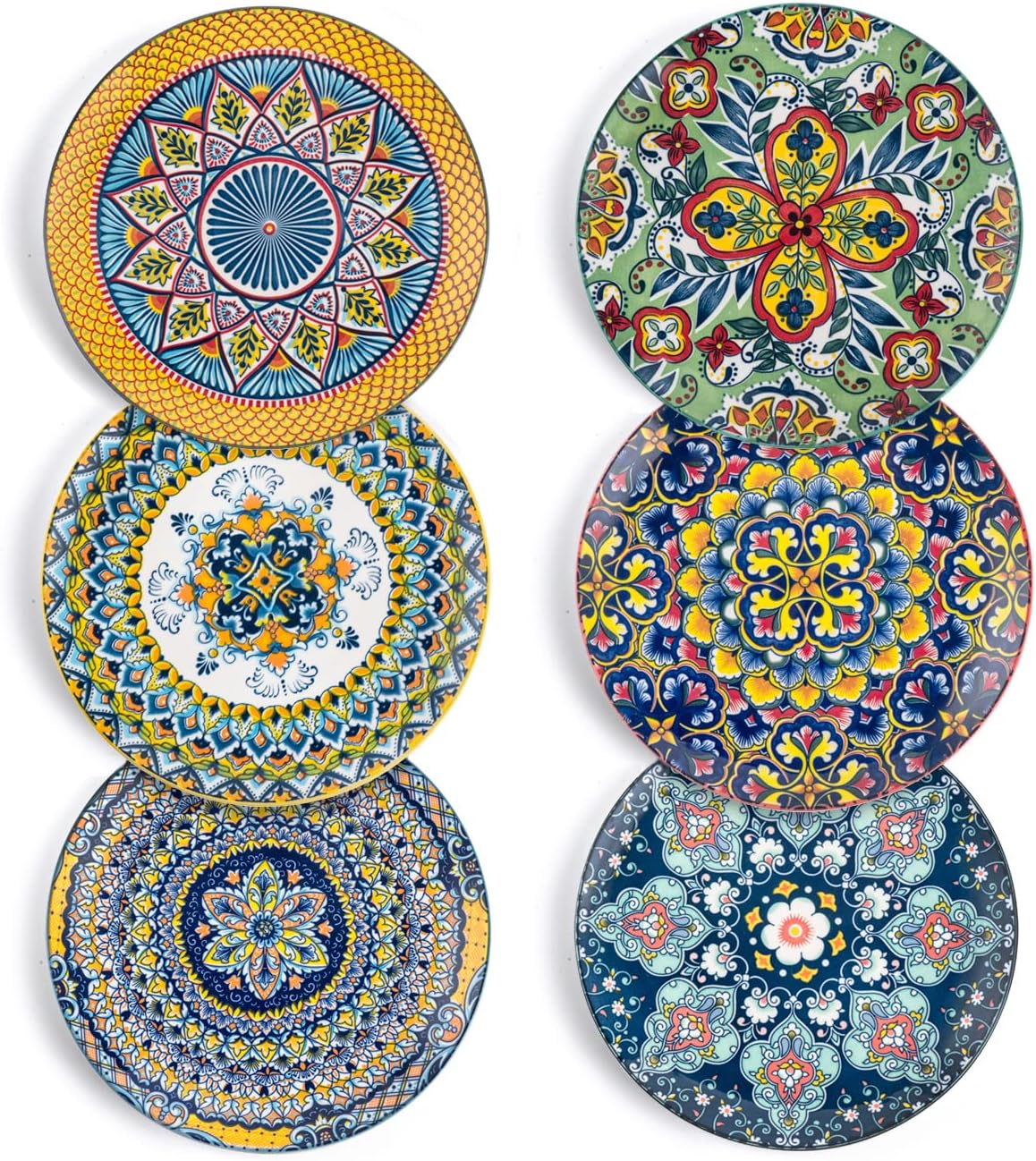 – HENXFEN LEAD Salad Plate Porcelain, 21 cm Colourful Dessert Plates Ceramic Breakfast Plates, 6 Pieces Small Round Plate Set with Pattern and Colourful - Bohemian Style