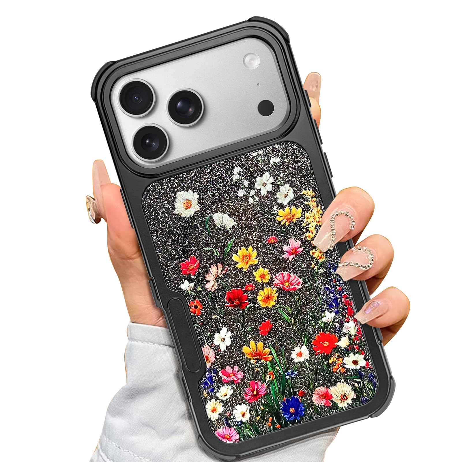 AIGOMARA Funda magnética para iPhone 17 Pro Max, color negro, margaritas