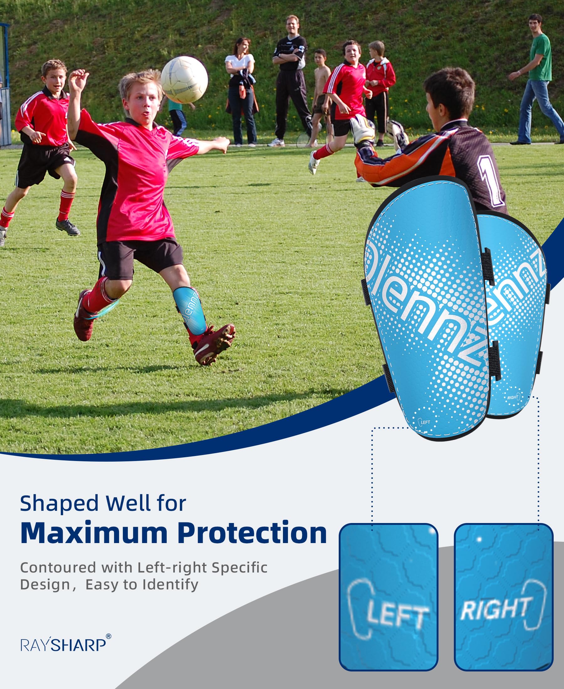 RAYSHARP Parastinchi da calcio per ragazzi, comodi e resistenti, con cinghie regolabili, per ragazzi, ragazze, adolescenti, adulti, blu, M