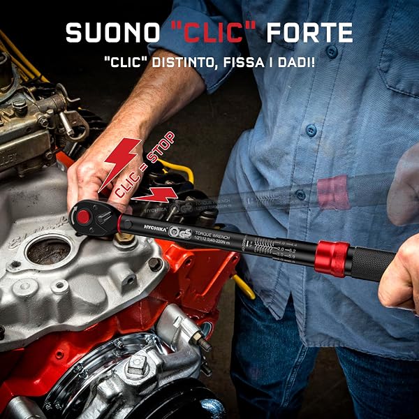 HYCHIKA Chiave Dinamometrica 1/2" 40-220 Nm - Precisione ±2%, 72 Denti Doppio Senso, Sistema Click, con Adattatore 3/8", Prolunga e Bussole (17, 19, 21mm). - 3