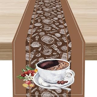 Coffee Time Table Runner, Retro Brown Cup Coffee Bean Latte Tea Cup Modern Farmhouse Home Kitchen Dining Table Decoration 13"x36"