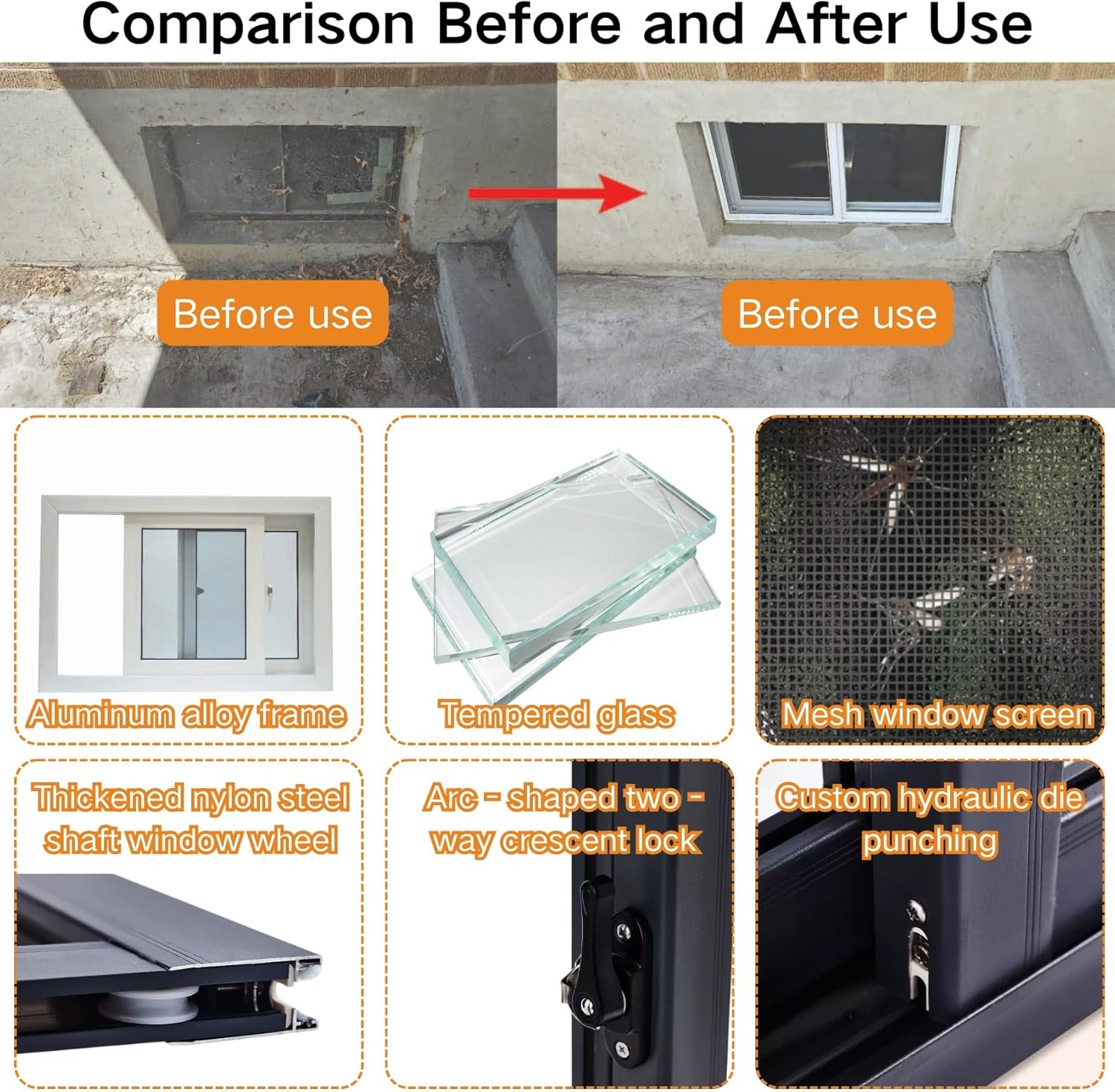 Mobile Home Window Replacement, Horizontal Sliding Basement Window With Screen & Tempered Glass, Sizes 20" 24" 26" 28" 32" 34" 36" 40" For Bathroom, Shed, Garage, RV, Chicken Coop(36x8")