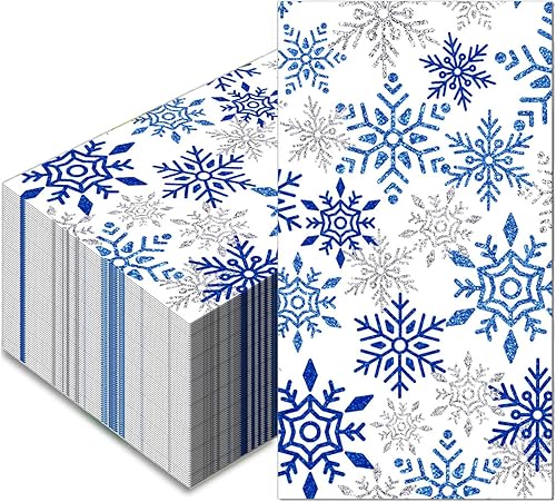 100 toallas de mano desechables, servilletas de papel de copo de nieve, servilletas de invitados de acuarela, copos de nieve azules, papel