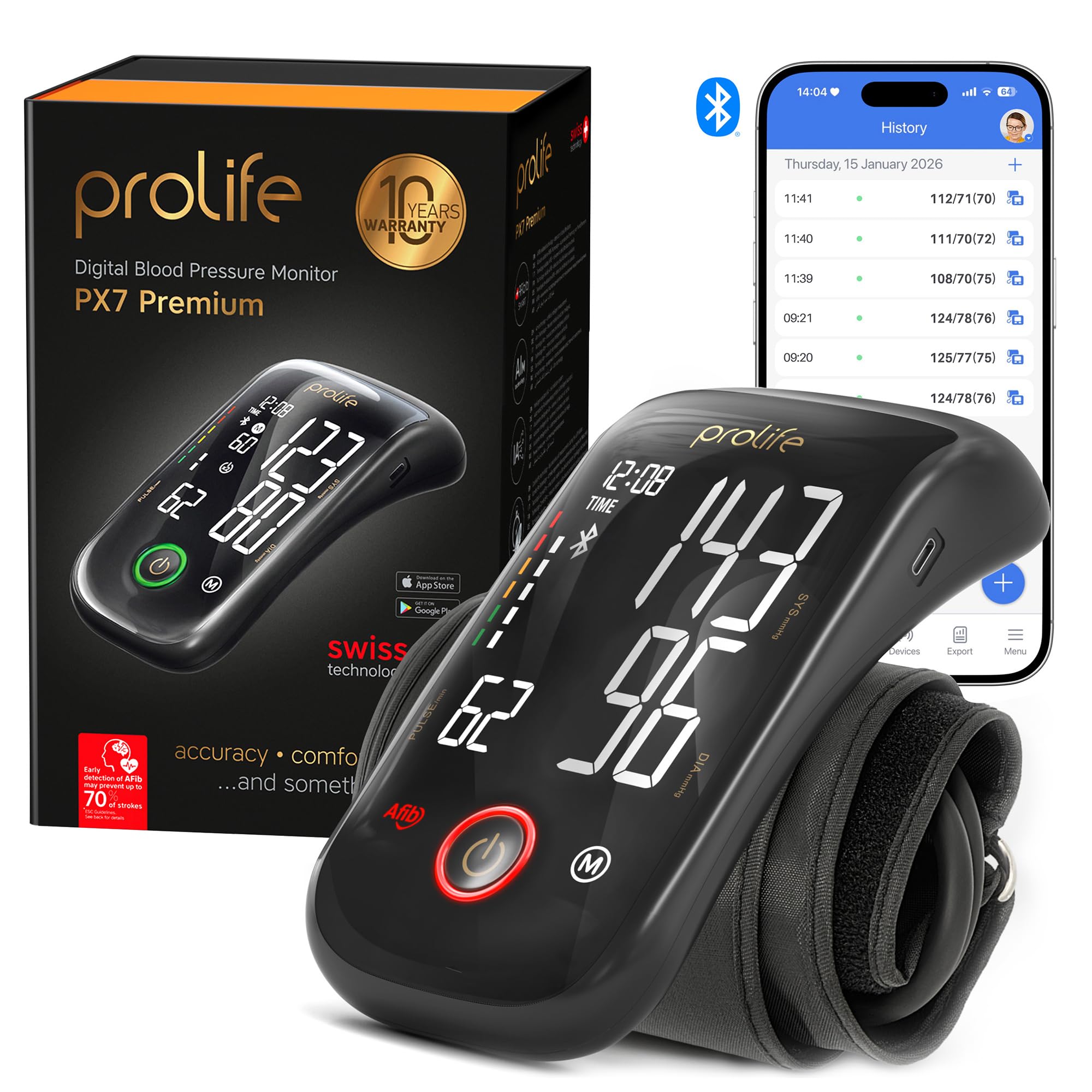 Prolife PX7 Premium Tensiómetro de Brazo Digital con Tecnología AFib Smart, Medidor de Tensión Arterial Bluetooth Homologado con Manguito