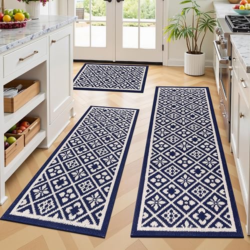 Ileading 3 Piece Washable Navy Kitchen Mat Set